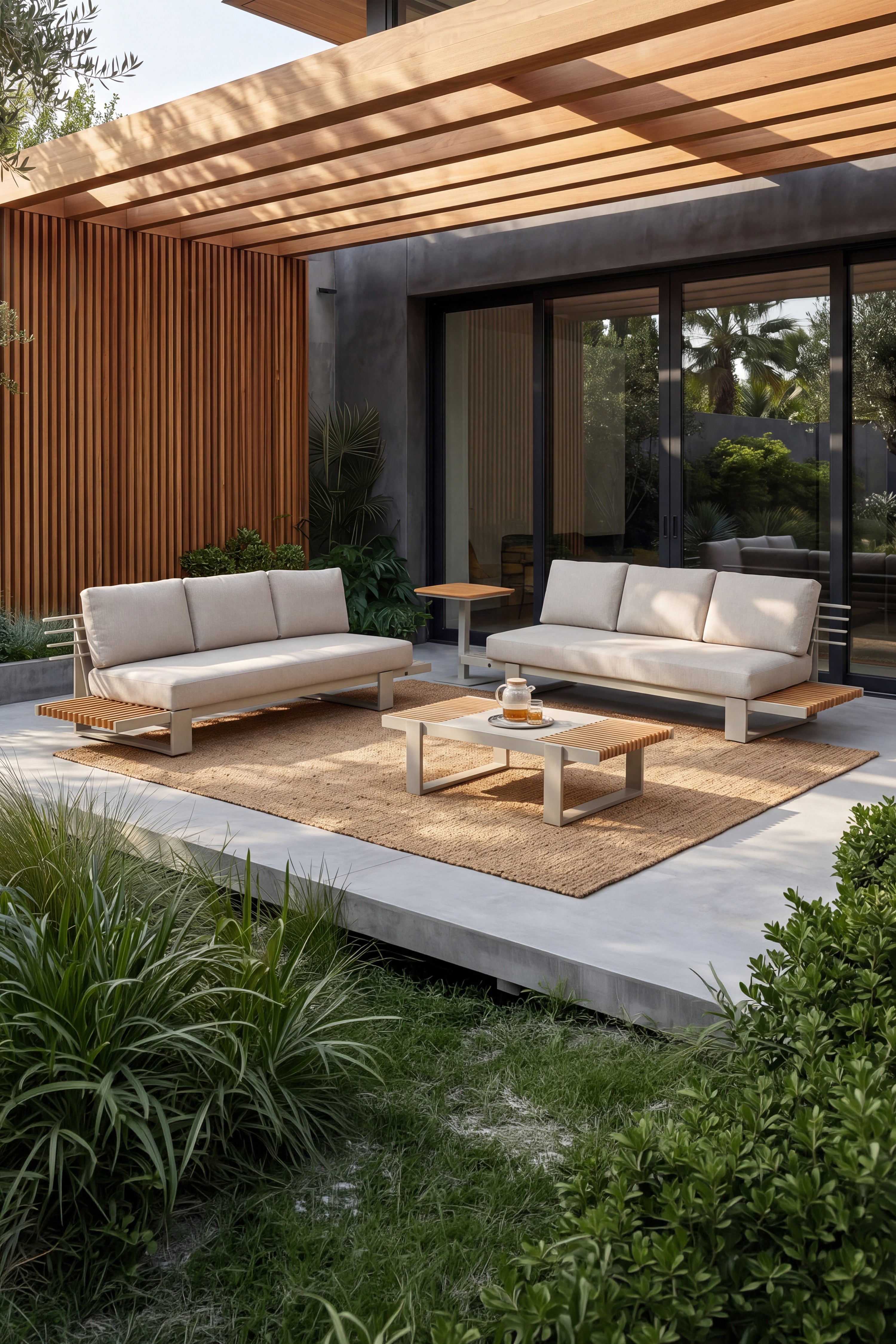 Gartensitzgruppe mit 2 Sofas für je 3 Personen und 2 Beistelltischen, Nora, Beige und Teakholz - Hauptbild