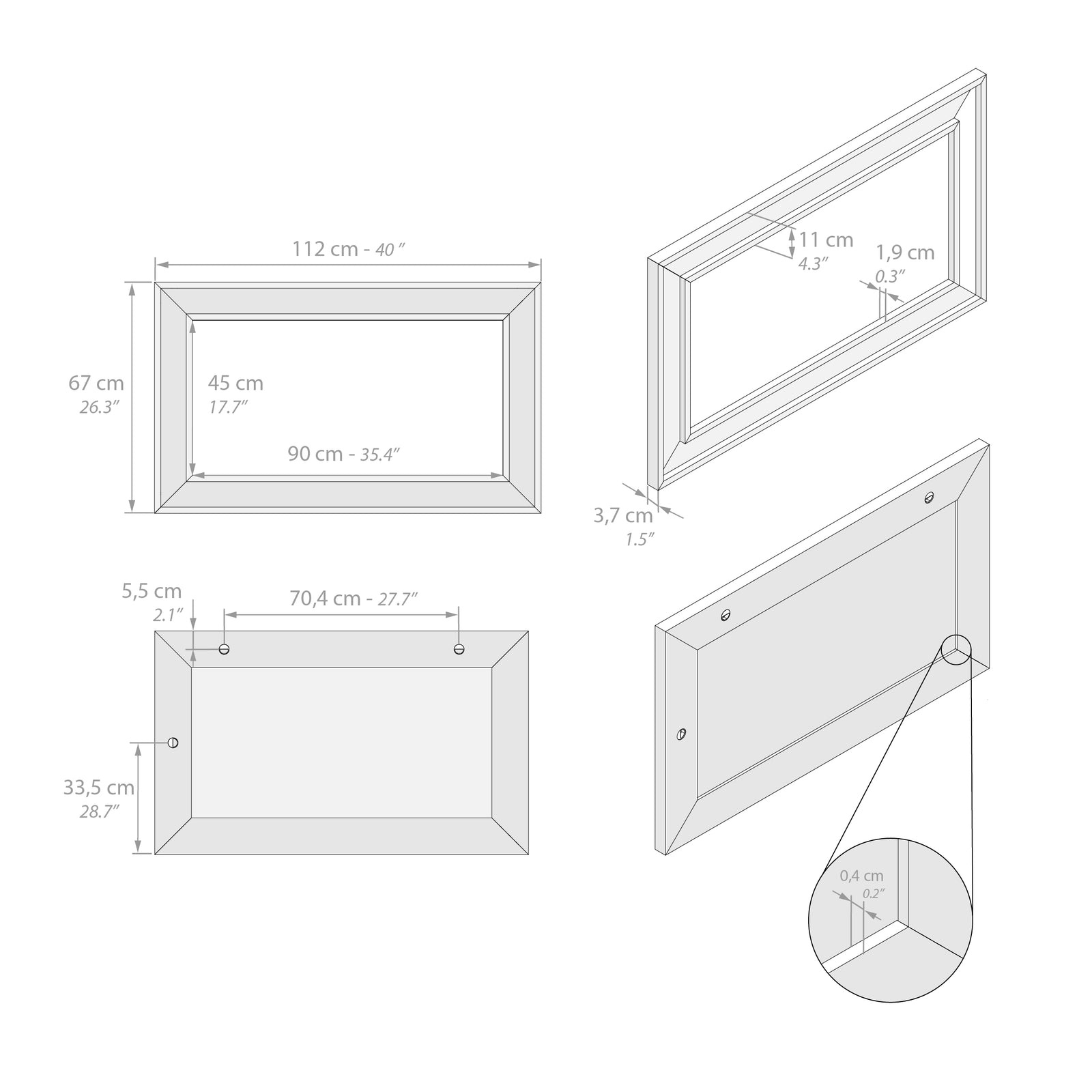 Angelica Wall Mirror, 112x67 cm, Concrete Effect, Grey - Immagine tecnica 1
