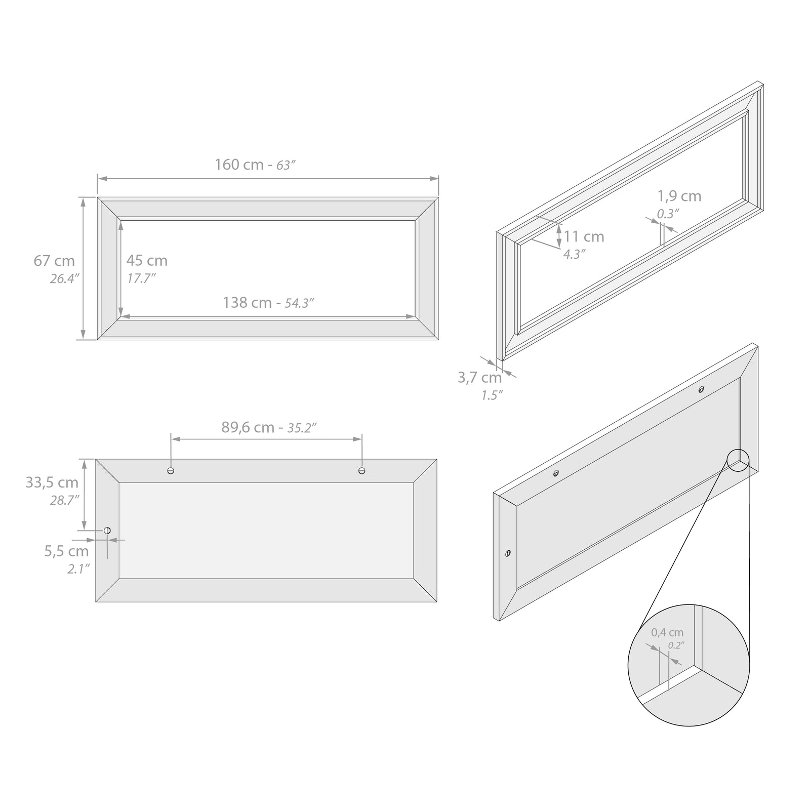 Angelica wall / floor Mirror, 160x67 cm, Rustic Oak - Immagine tecnica 1