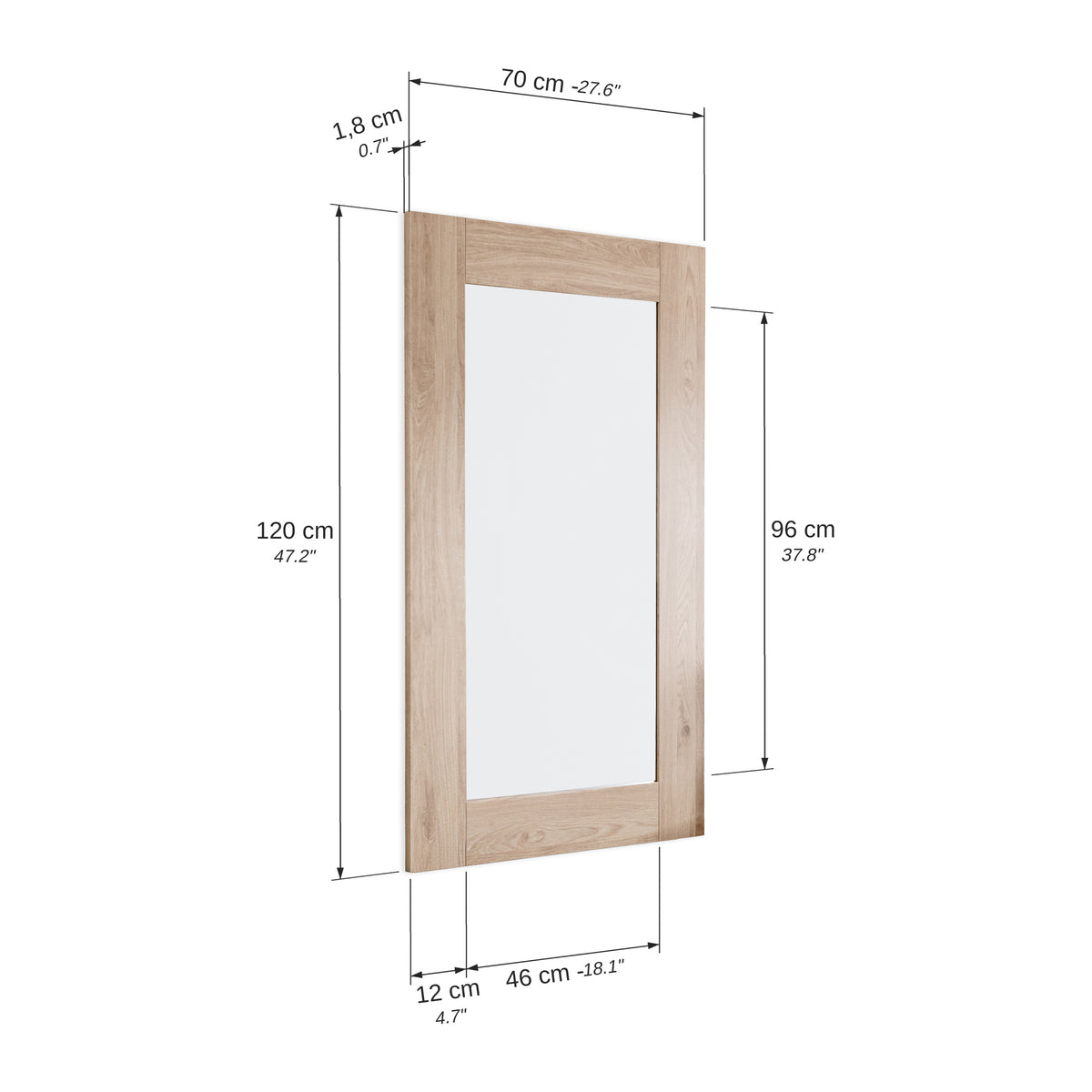 Evolution Rectangular Mirror, 120 x 70 cm, Light Oak - Immagine tecnica 1