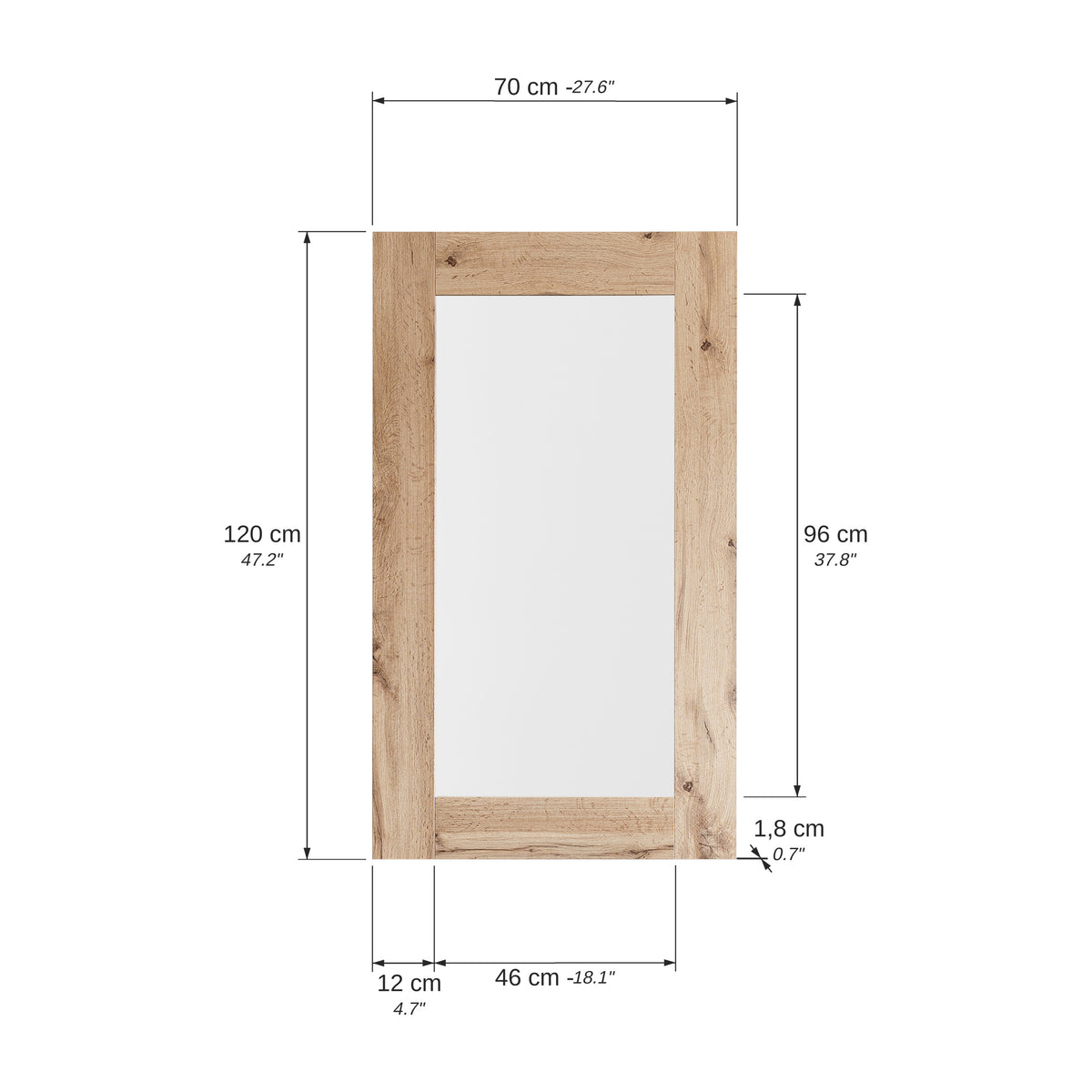 Evolution Rectangular Mirror, 120 x 70 cm, Rustic Oak - Immagine tecnica 1