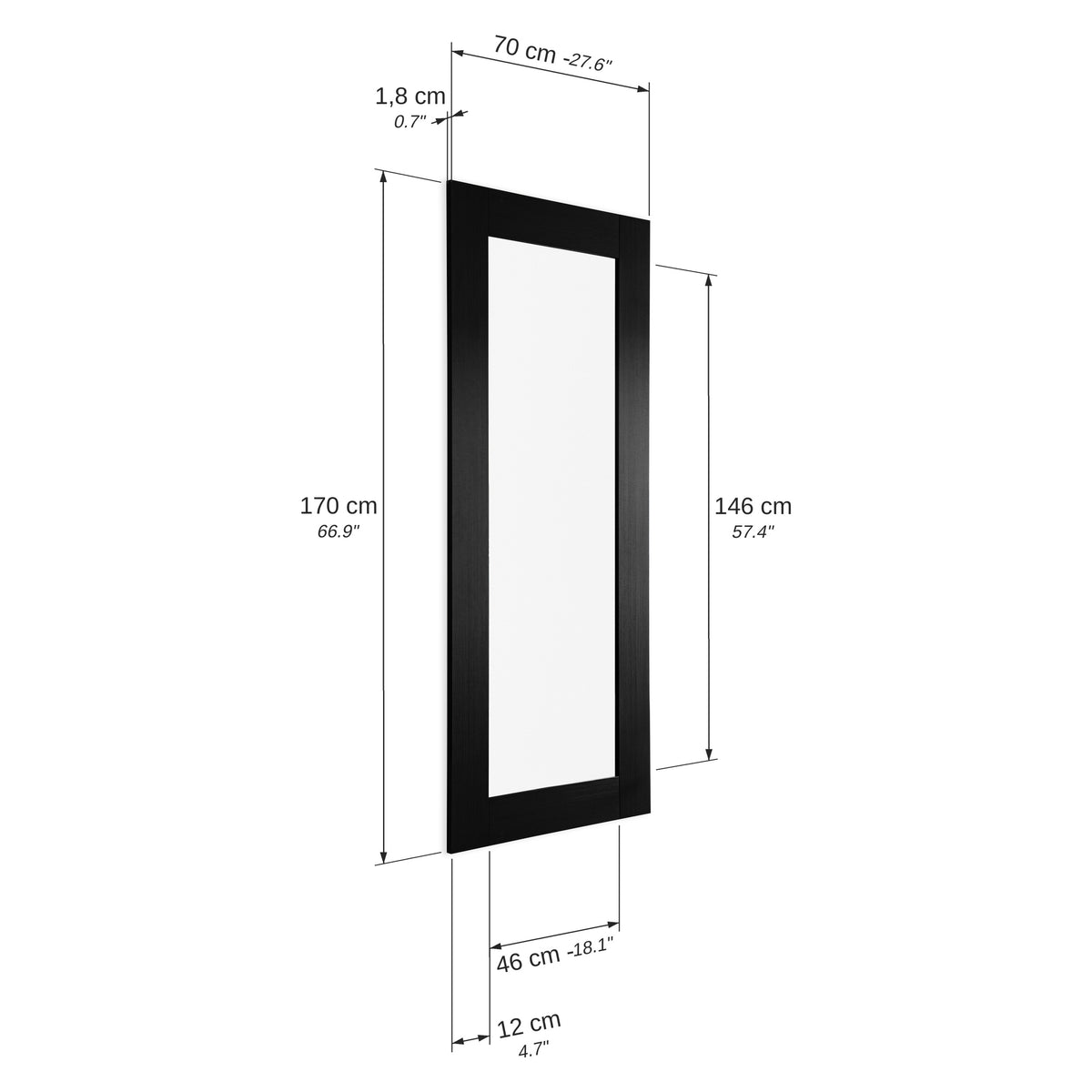 Evolution Rectangular Mirror, 170 x 70 cm, Black Ash - Immagine tecnica 1