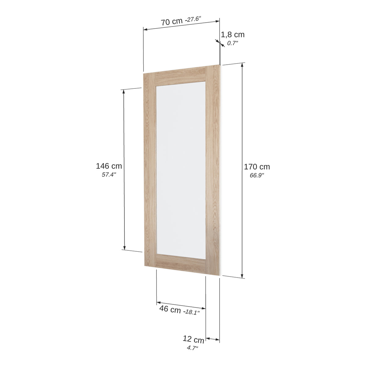 Evolution Rectangular Mirror, 170 x 70 cm, Natural Oak - Immagine tecnica 1