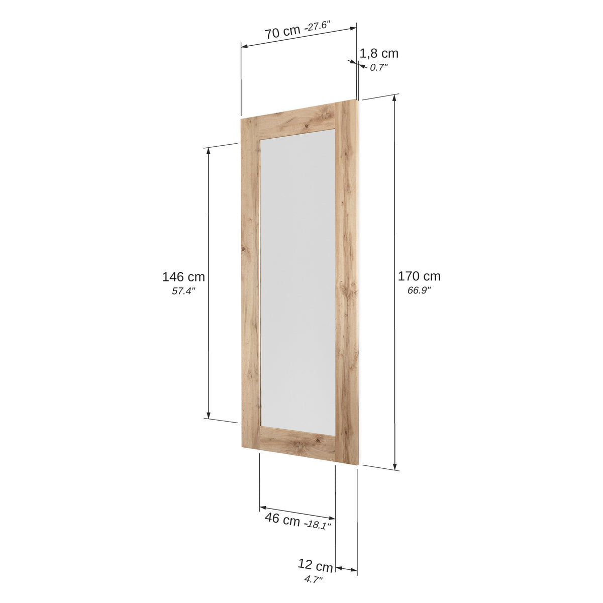 Evolution Rectangular Mirror, 170 x 70 cm, Rustic Oak - Immagine tecnica 1