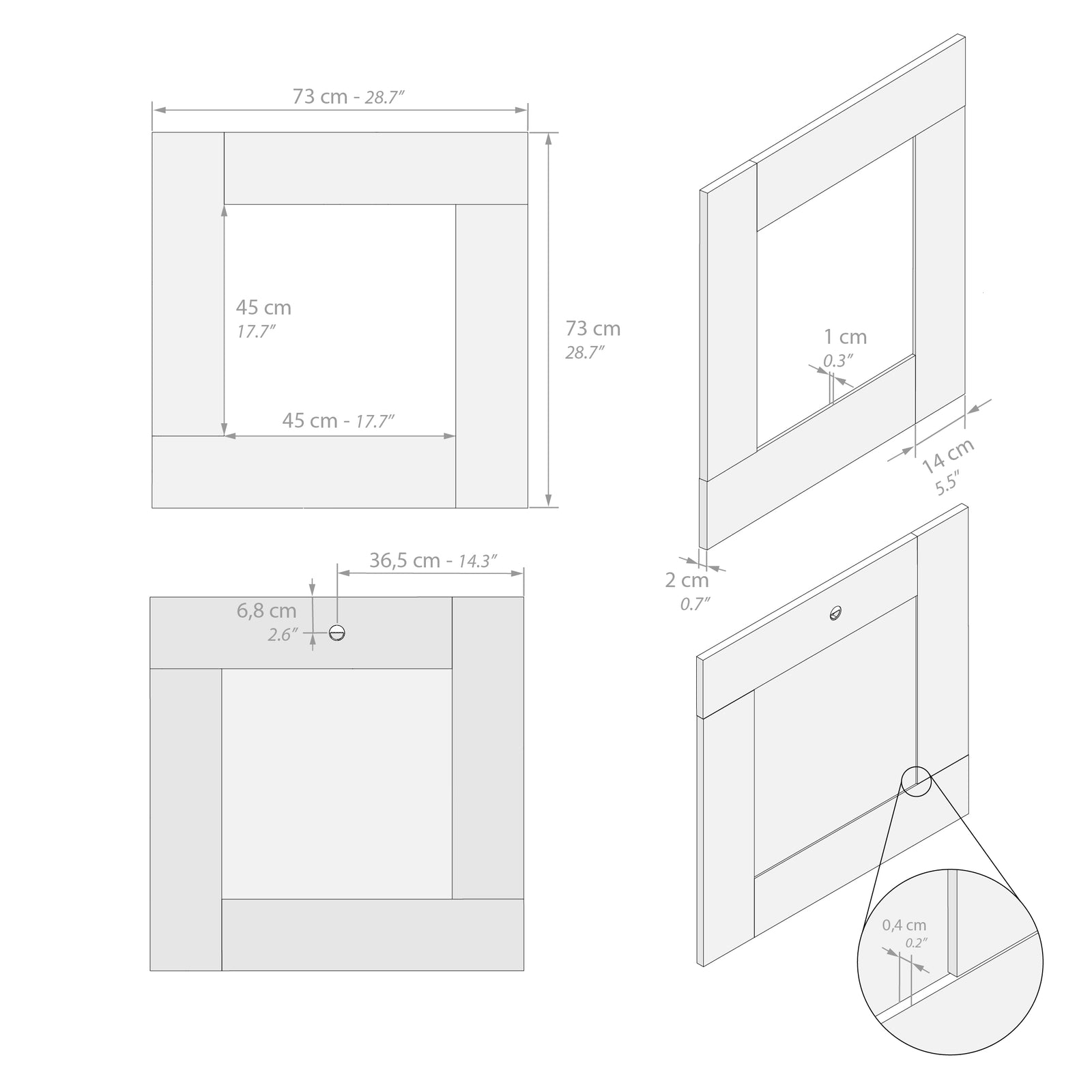 Evolution Square Wall Mirror, 73 x 73 cm, Oak - Immagine tecnica 1