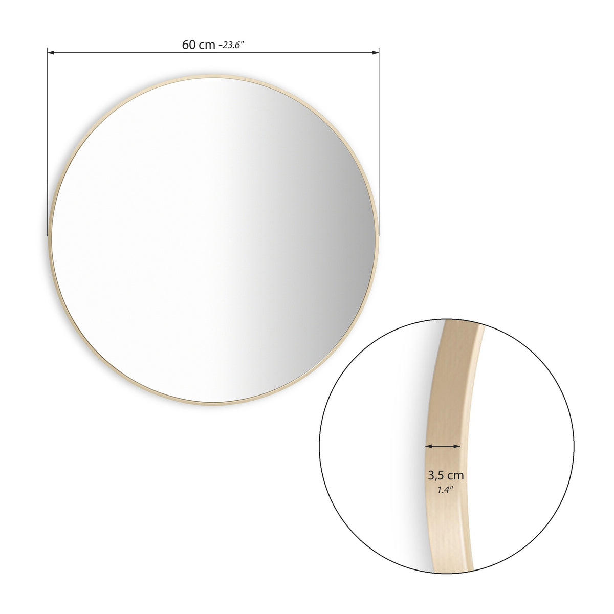 Miroir rond Olivia, diamètre 60 cm, cadre en métal doré - Immagine tecnica 1