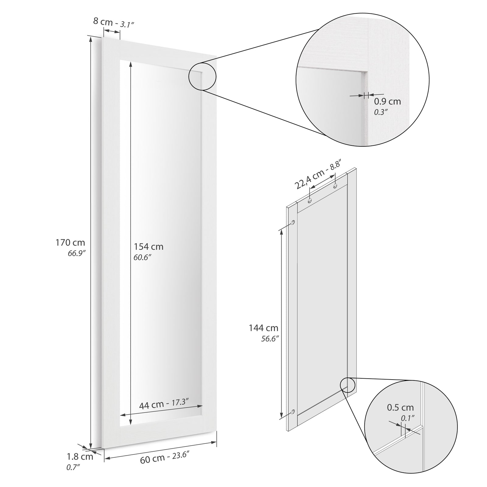 Rechteckiger Spiegel Rachele 170x60 cm, Esche Weiß - Immagine tecnica 1