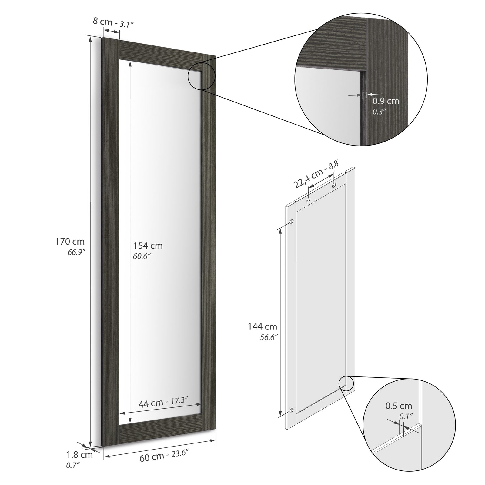 Rechteckiger Spiegel Rachele 170x60 cm, Esche Zwart - Immagine tecnica 1