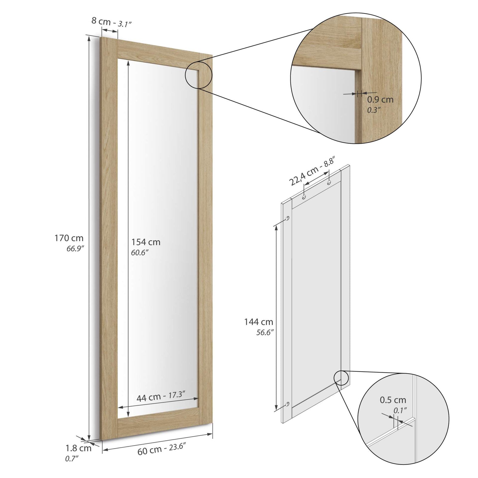 Miroir rectangulaire Rachele 170x60 cm, Chêne Clair - Immagine tecnica 1