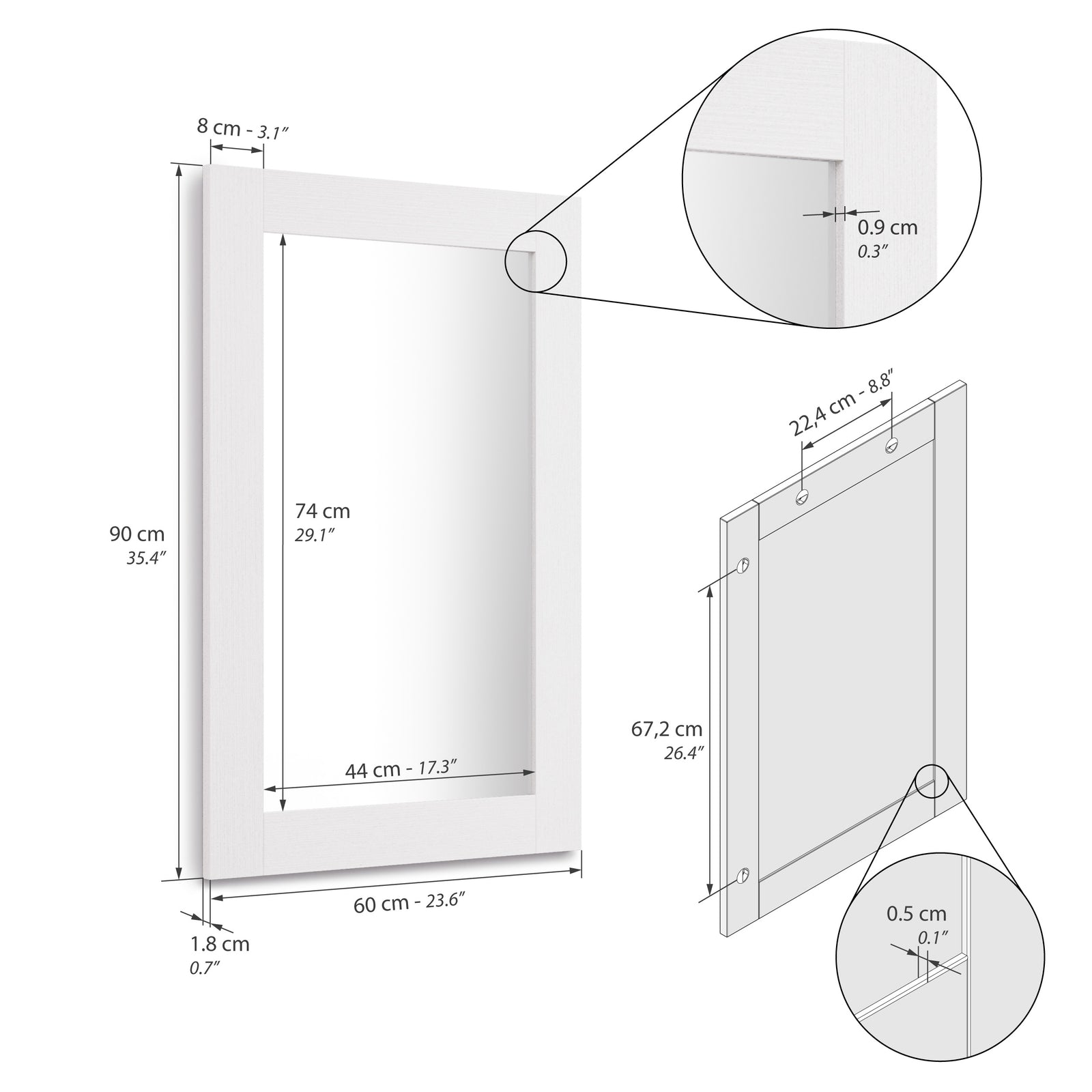 Rachele Rectangular Mirror 90x60 cm, Ashwood White - Immagine tecnica 1