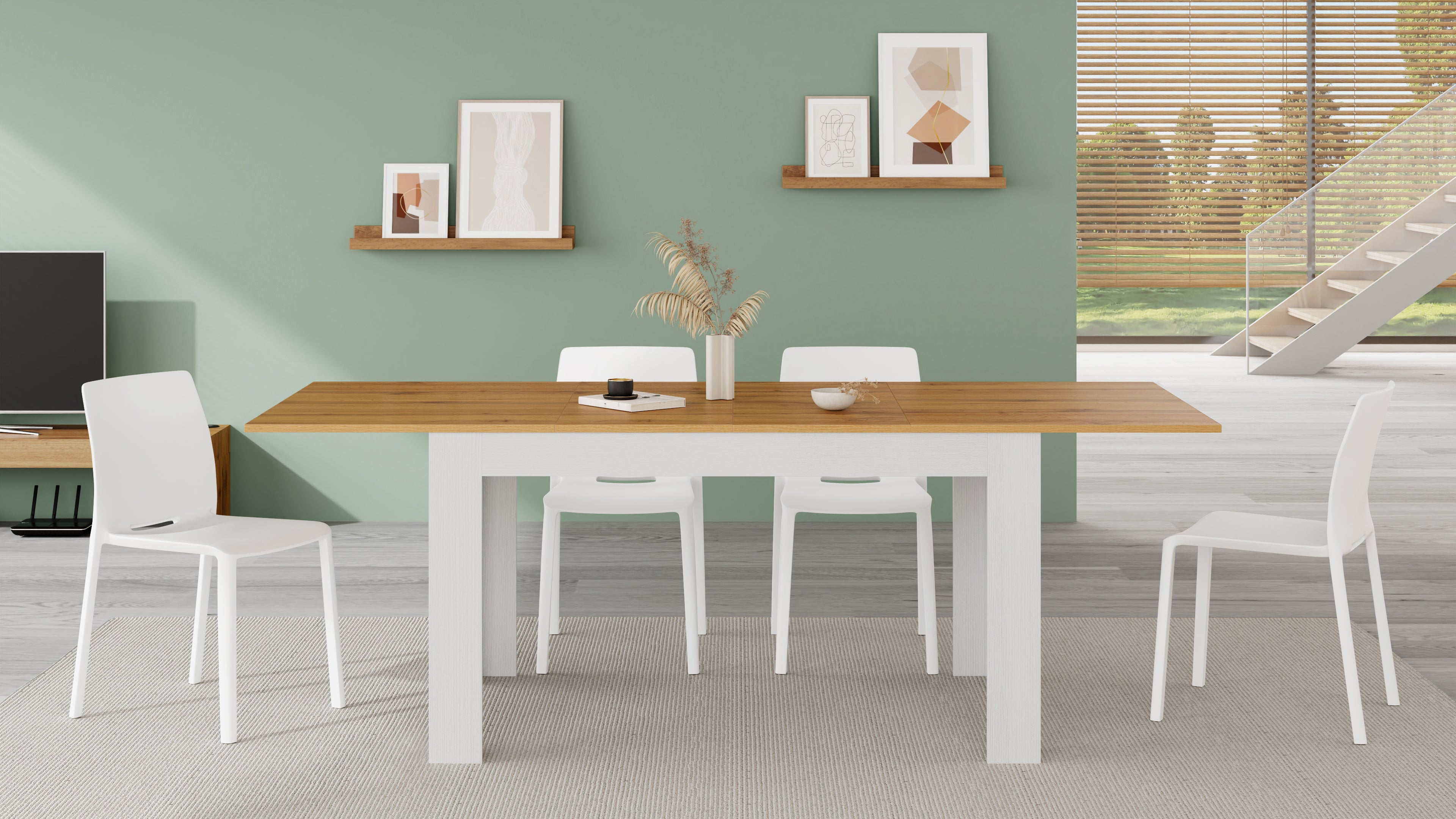 Table extensible cuisine, Easy, 140(220)x90 cm, Bois Rustique et Frêne Blanc - Set image 1