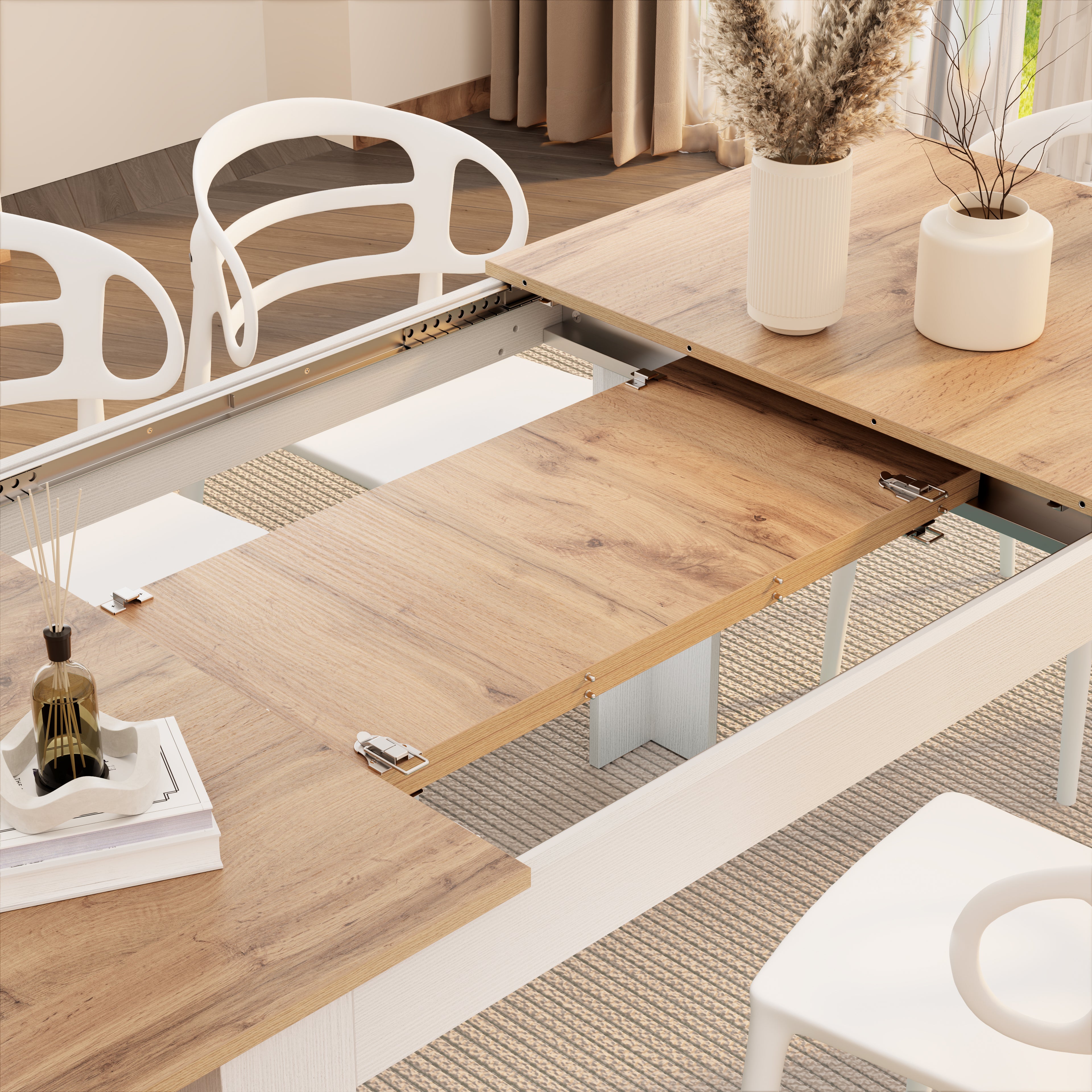 Easy, Extendable dining table, 55.1(86.6)x35.4 in, Rustic Oak and Ashwood White