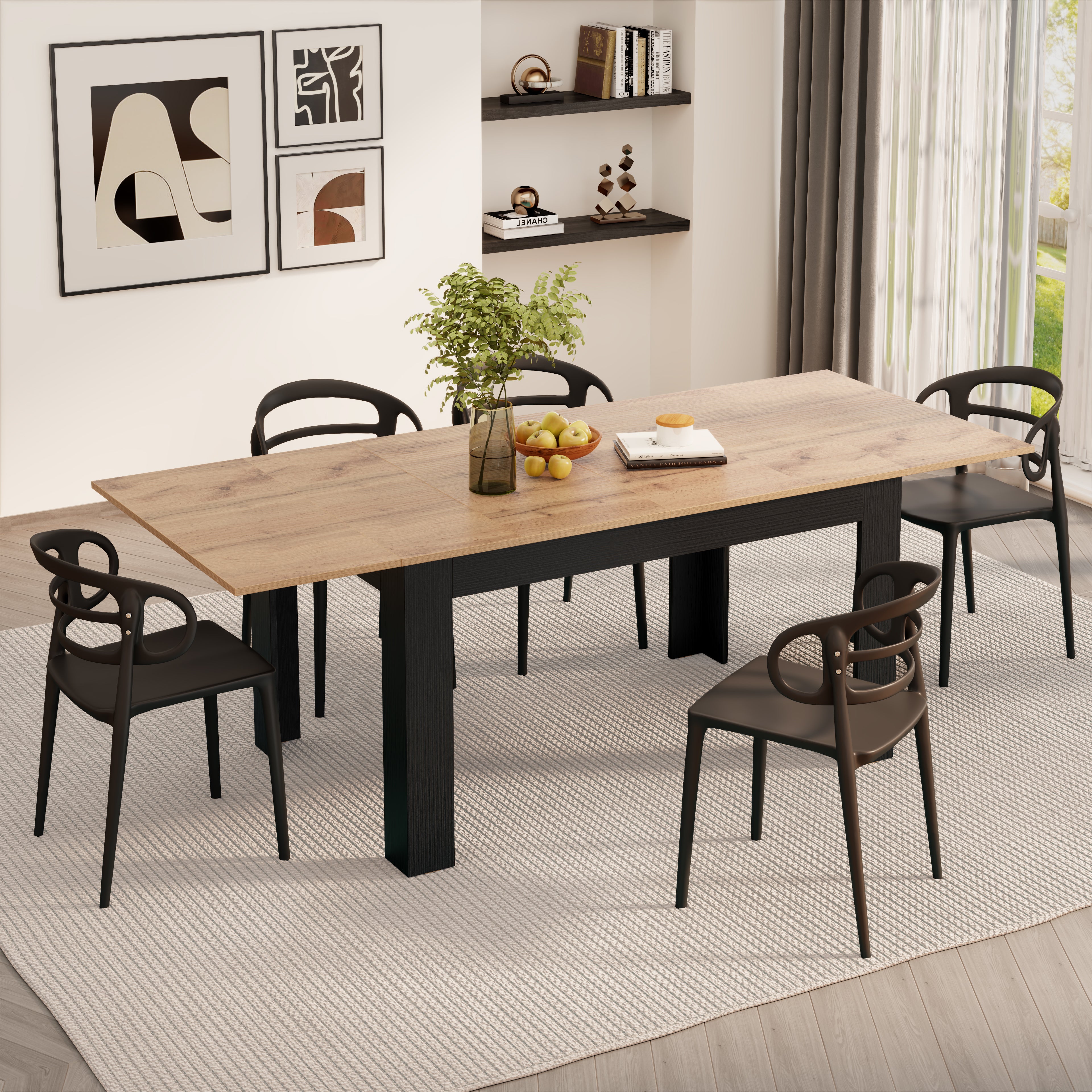 Table extensible cuisine, Easy, 140(220)x90 cm, Bois Rustique et Frêne Noir - Main image