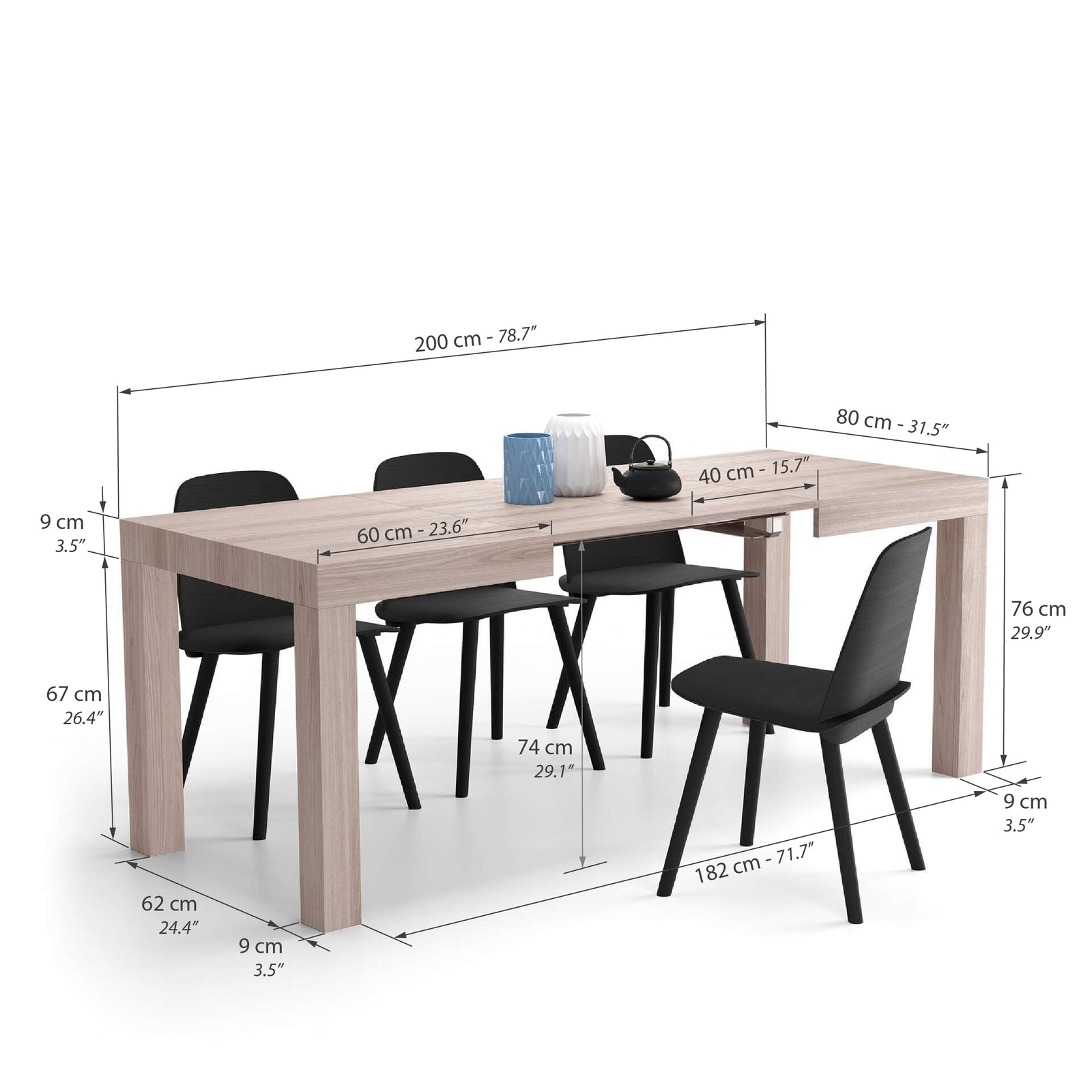 First ausziehbarer Esstisch, 120(200)x80 cm, Ulme perlenfarben - Immagine tecnica 1
