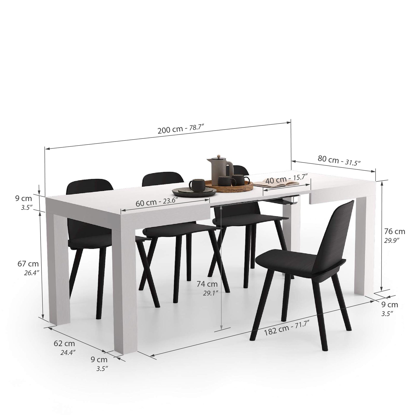 Masă extensibilă First, 120(200)x80 cm, Alb Frasin - Immagine tecnica 1