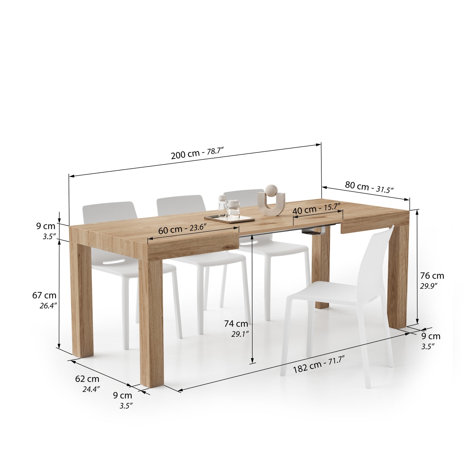 First ausziehbarer Tisch, 120(200)x80 cm, Wildeiche - Immagine tecnica 1