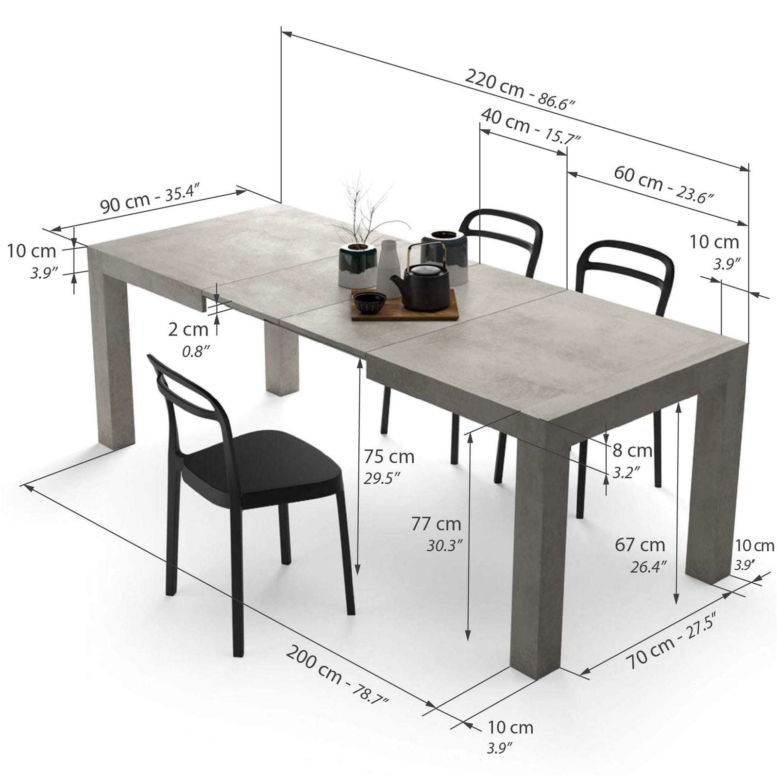 Mesa de cocina Iacopo, 140(220)x90 cm, color Cemento gris - Immagine tecnica 1