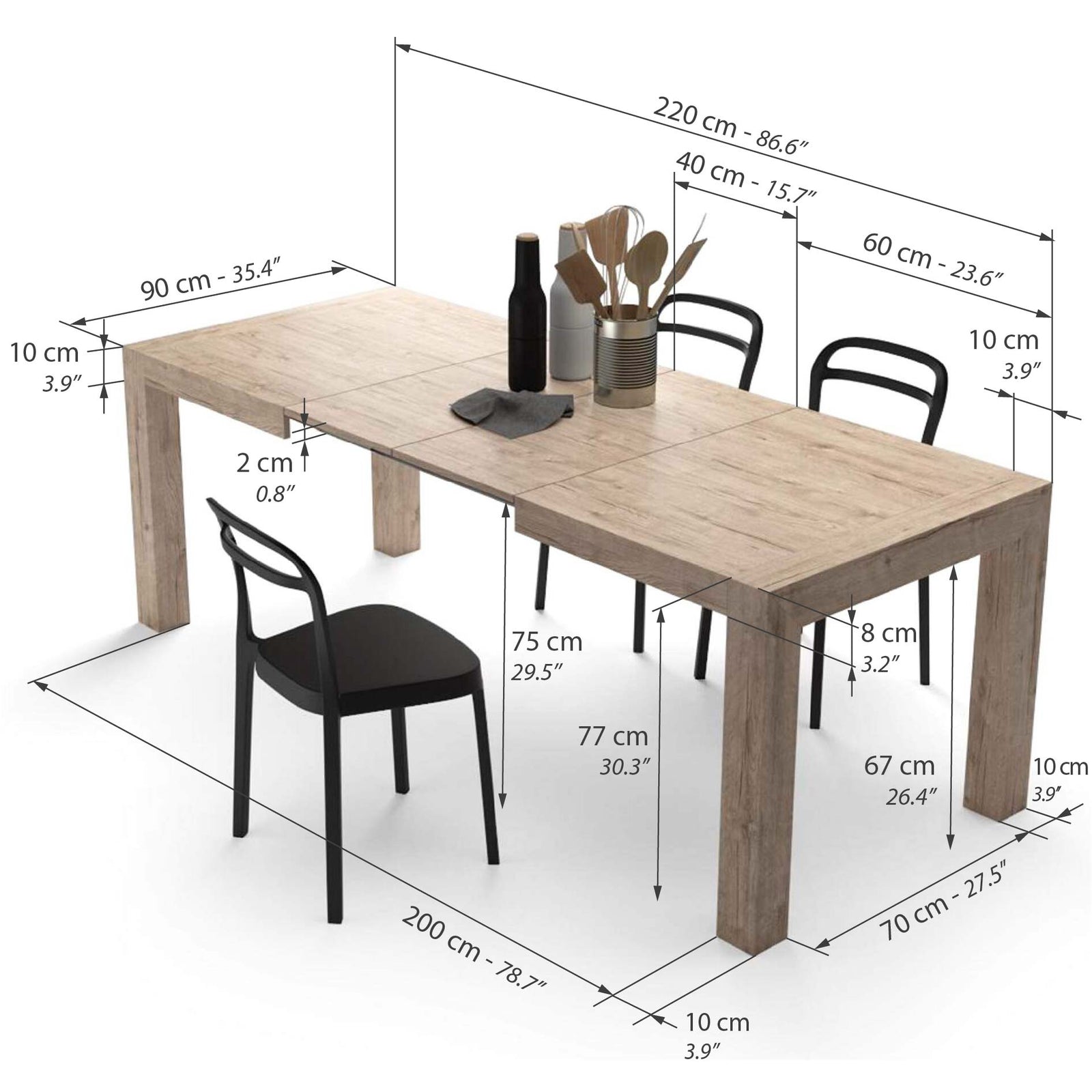 Mesa de cocina Iacopo, 140(220)x90 cm, color Encina - Immagine tecnica 1