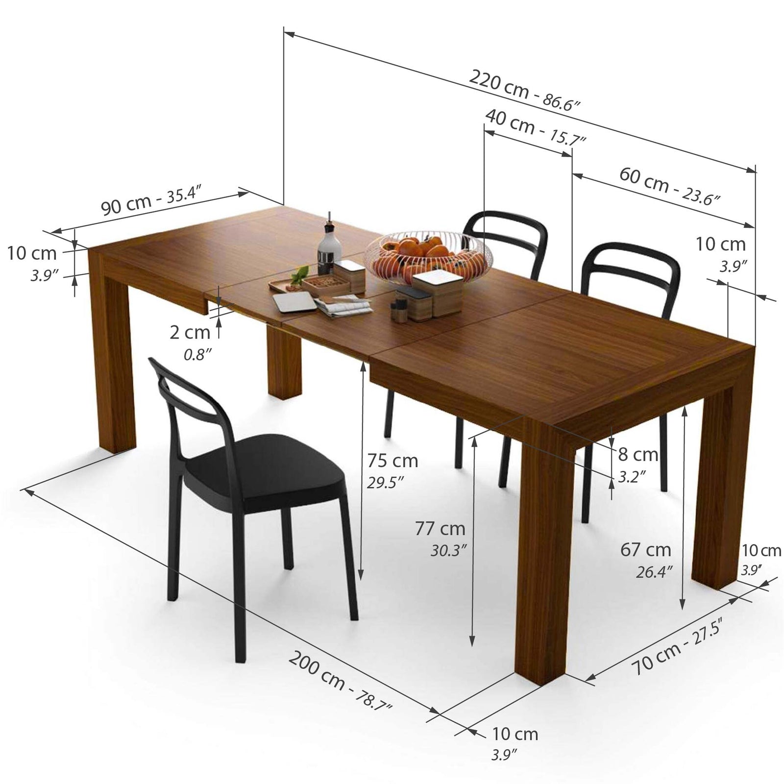 Table à manger extensible, Iacopo, 140(220)x90 cm, Noyer - Immagine tecnica 1
