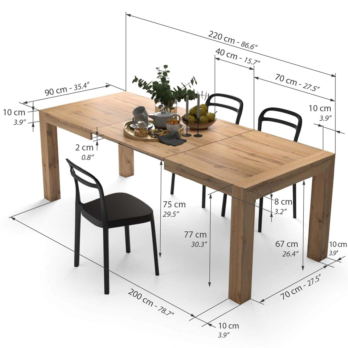 Iacopo Extendable Dining Table, 140(220)x90 cm, Rustic Oak - Immagine tecnica 1