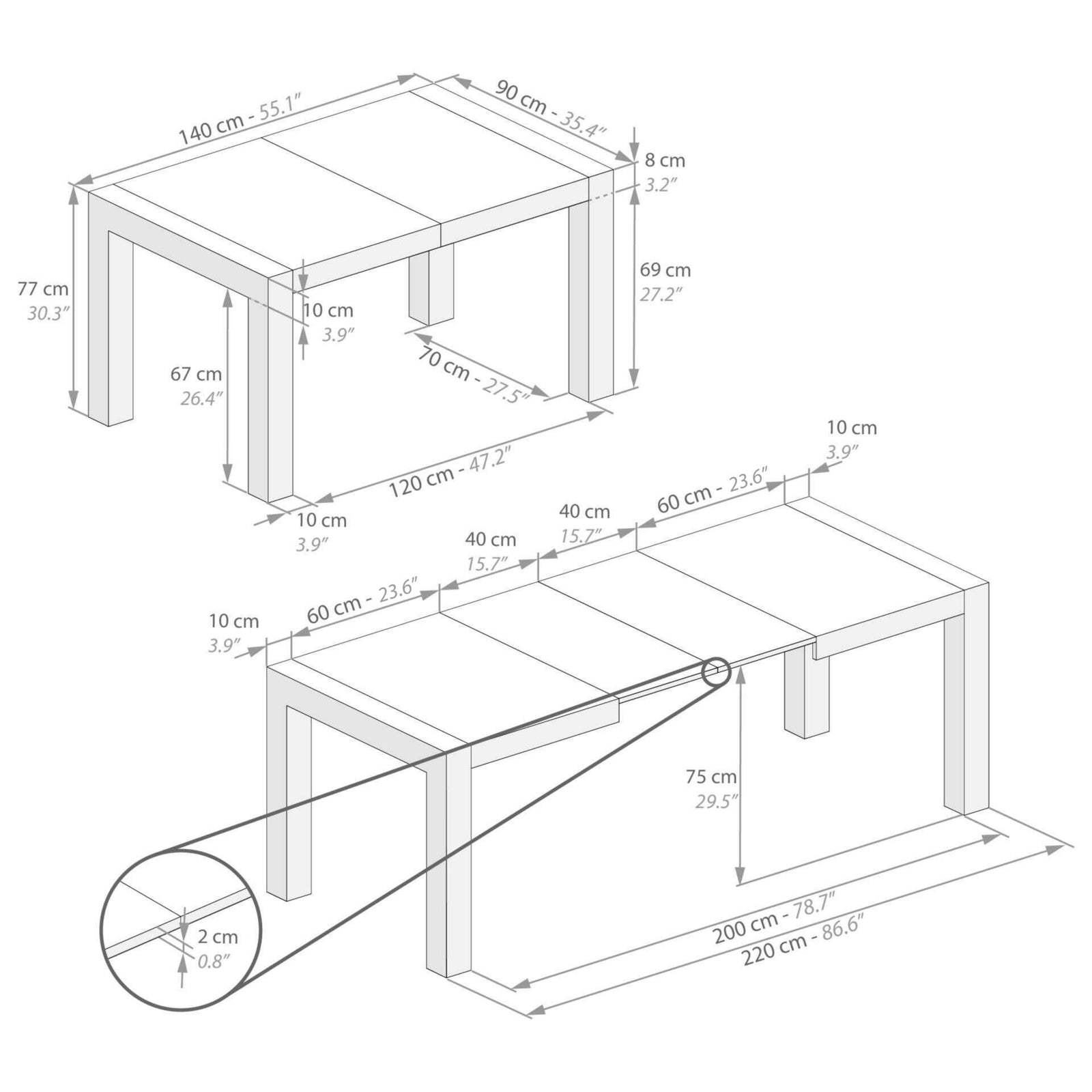 Table à manger extensible, Iacopo, 140(220)x90 cm, Gris Béton - Immagine tecnica 1