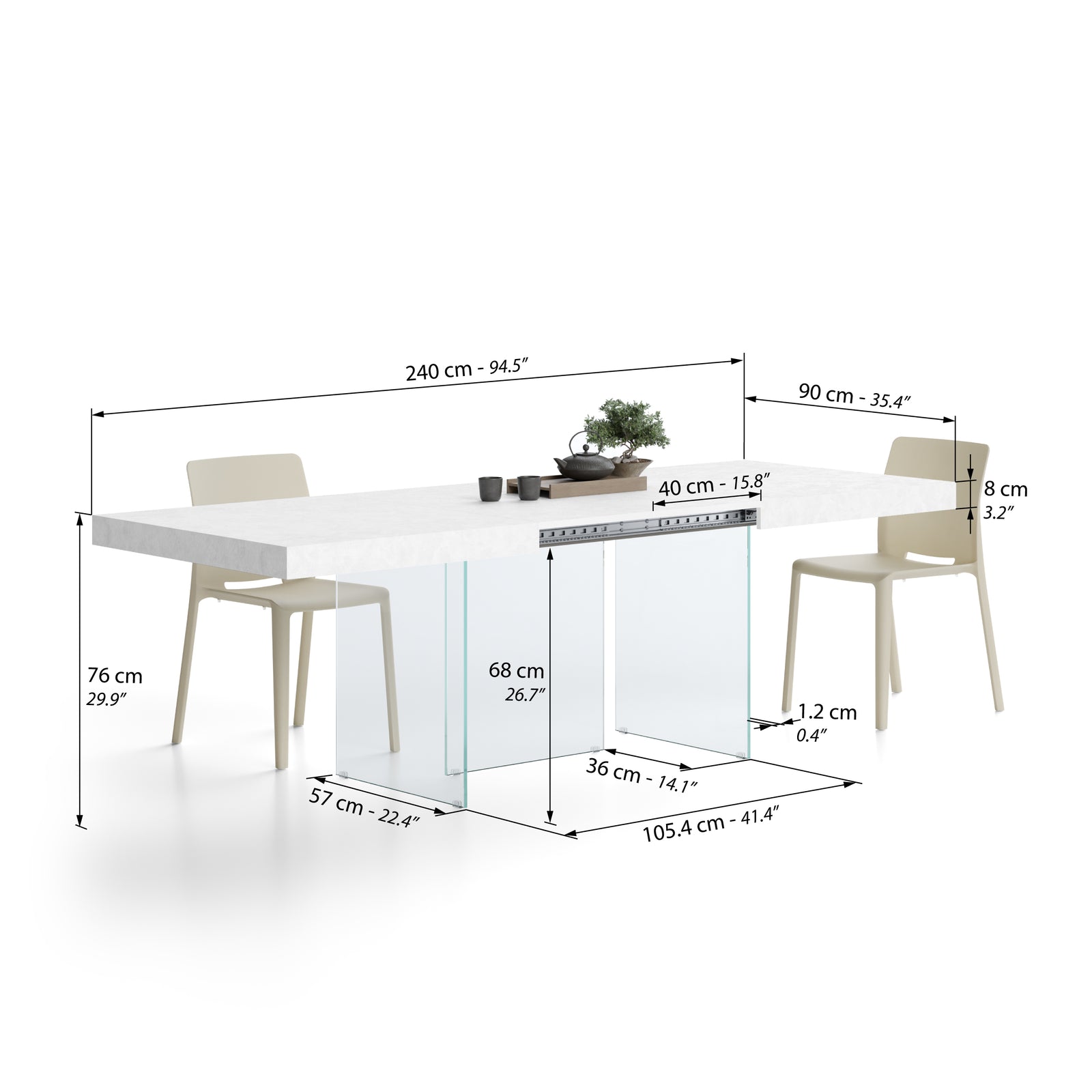 Ausziehbarer Tisch Lia 160(240)x90 cm, Betonweiß mit Beinen aus extraklarem Glas - Immagine tecnica 2