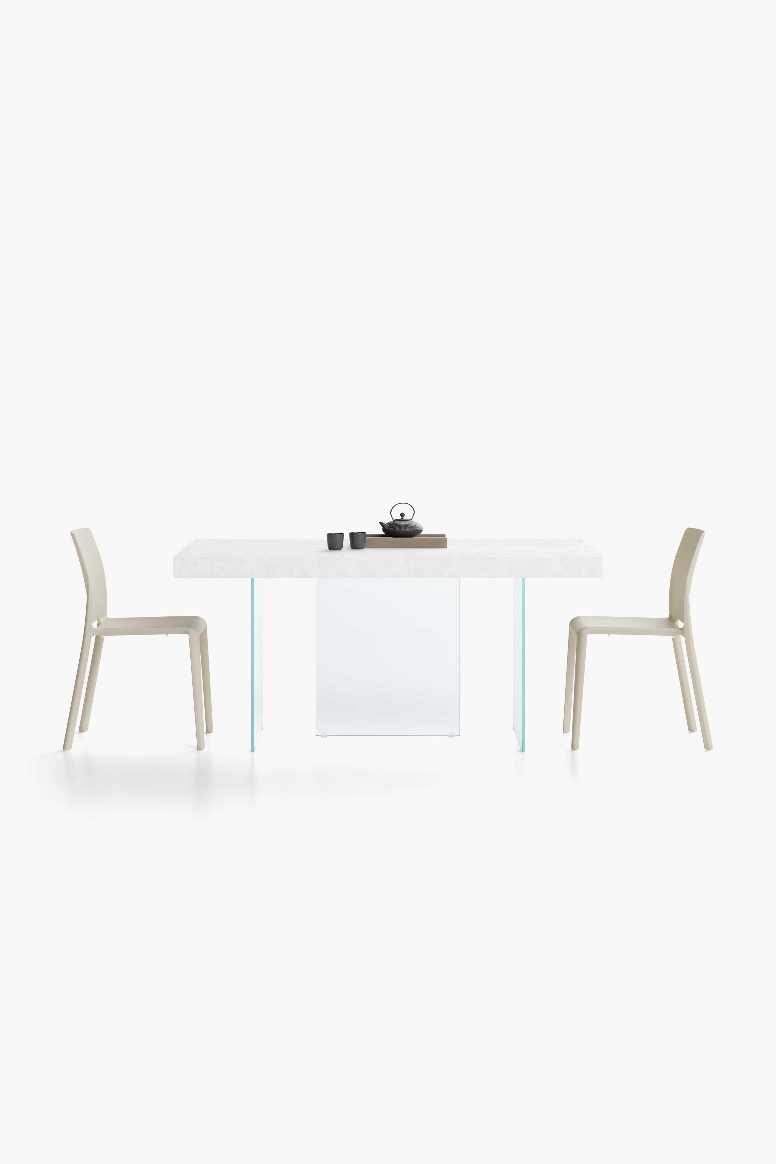 Tavolo allungabile Lia 160(240)x90 cm, Bianco cemento con gambe in vetro extrachiaro - Immagine dettaglio 2