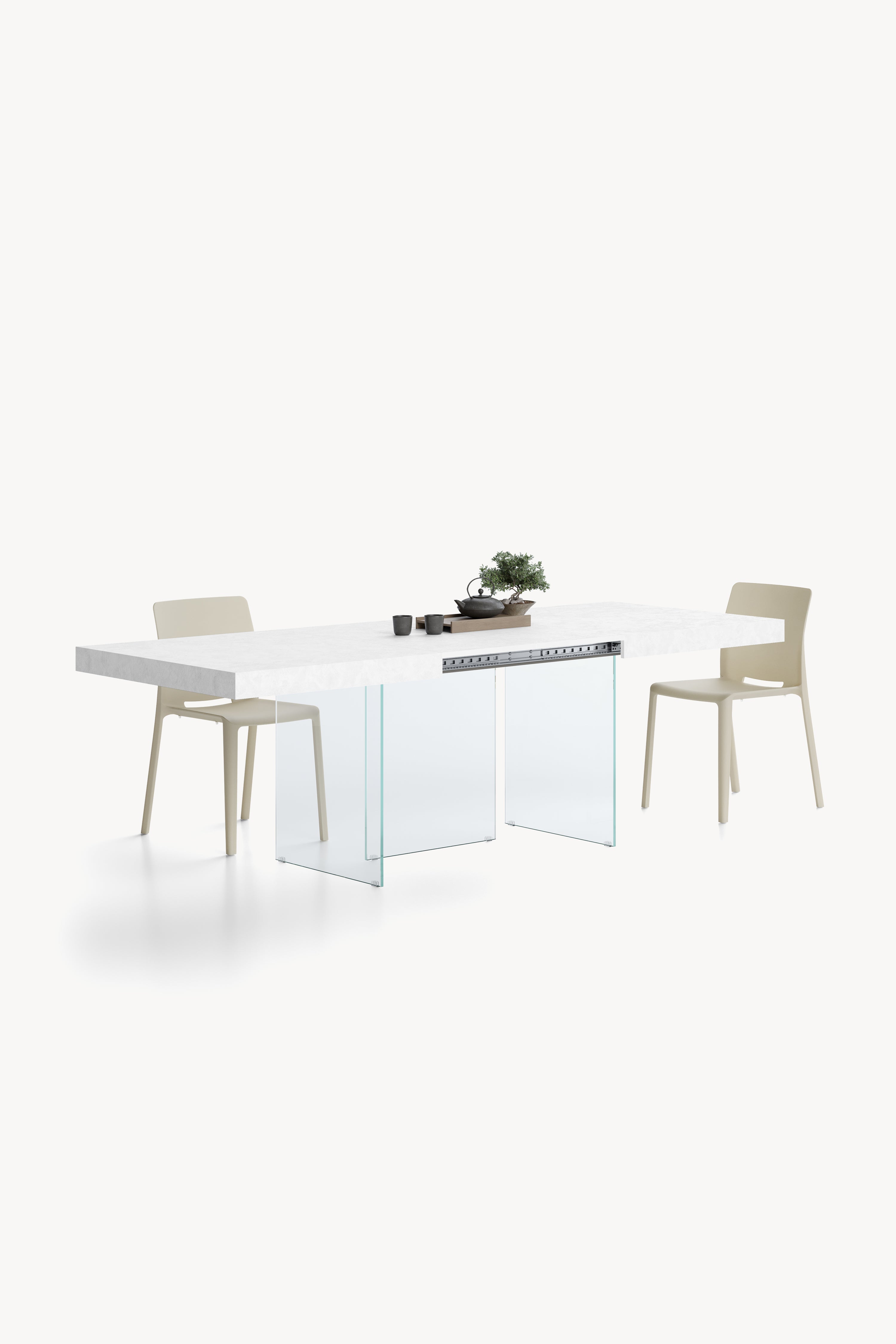 Tavolo allungabile Lia 160(240)x90 cm, Bianco cemento con gambe in vetro extrachiaro - Immagine dettaglio 3