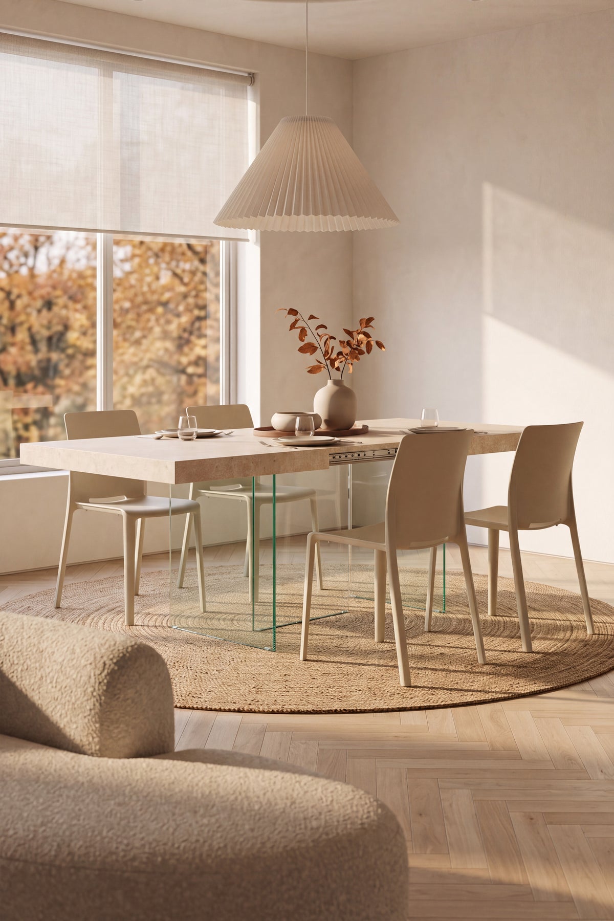 Verlengbare tafel Lia 160(240)x90 cm, Beige Marmerlook met poten van extra helder glas - Setafbeelding 2