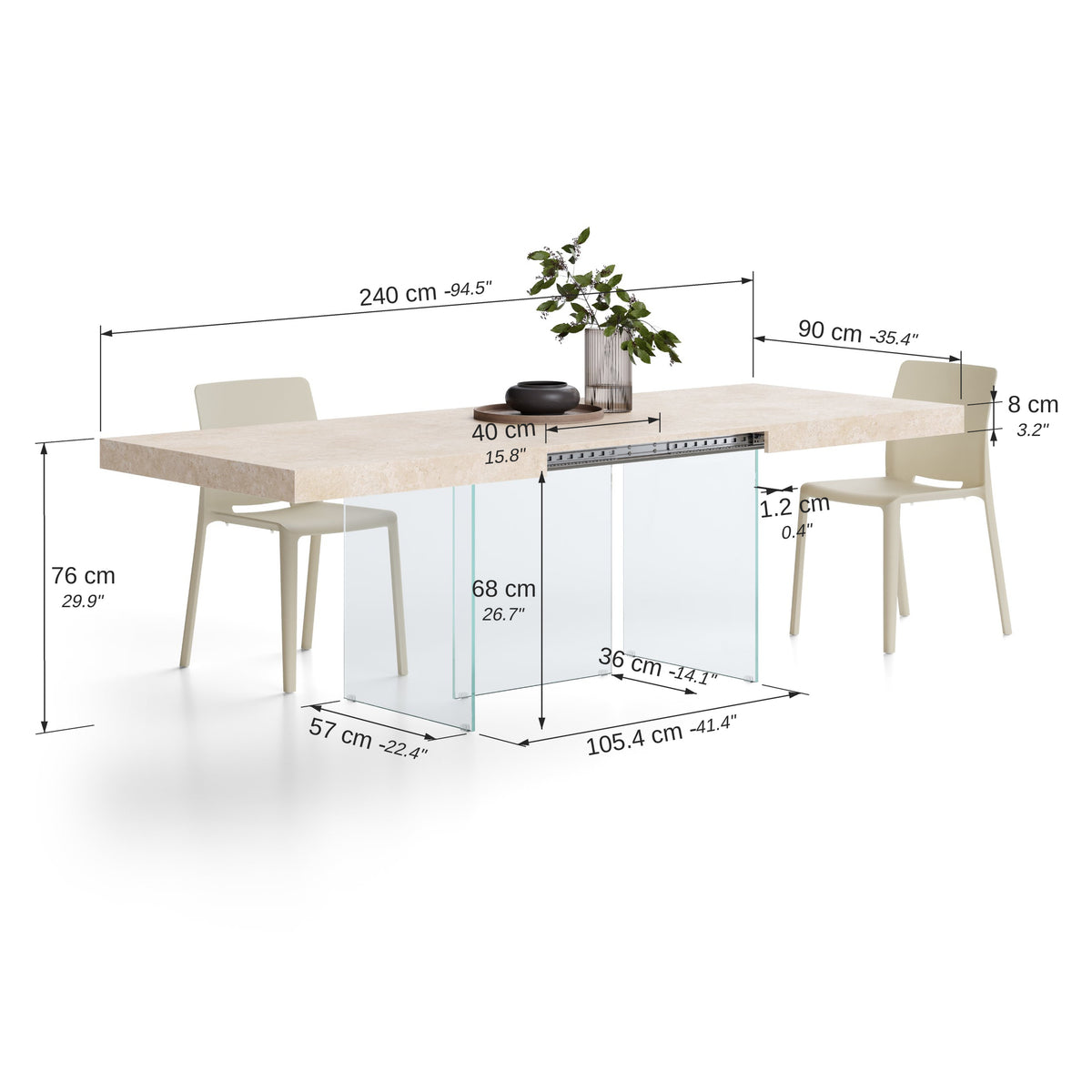 Verlengbare tafel Lia 160(240)x90 cm, Beige Marmerlook met poten van extra helder glas - Immagine tecnica 1