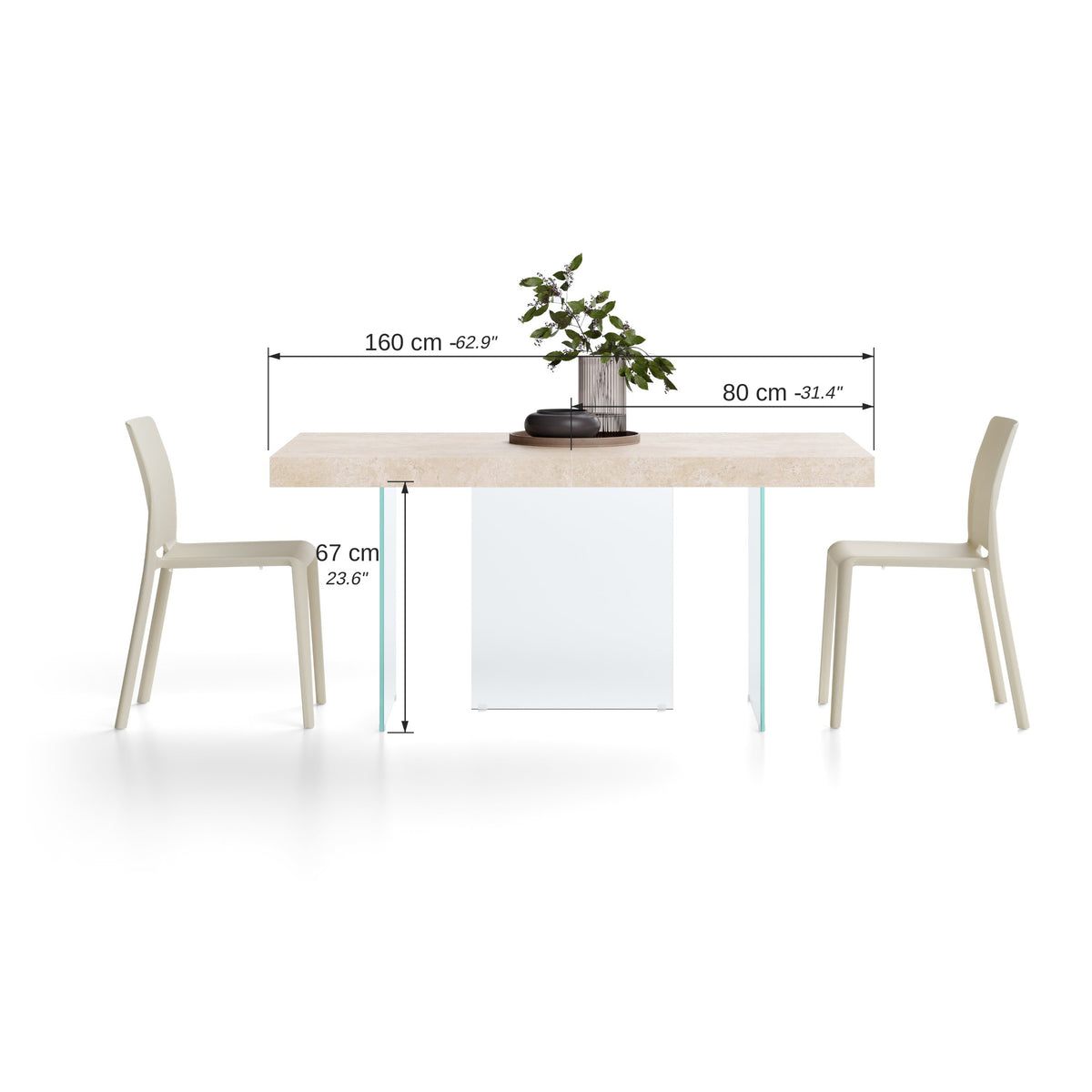 Verlengbare tafel Lia 160(240)x90 cm, Beige Marmerlook met poten van extra helder glas - Immagine tecnica 2