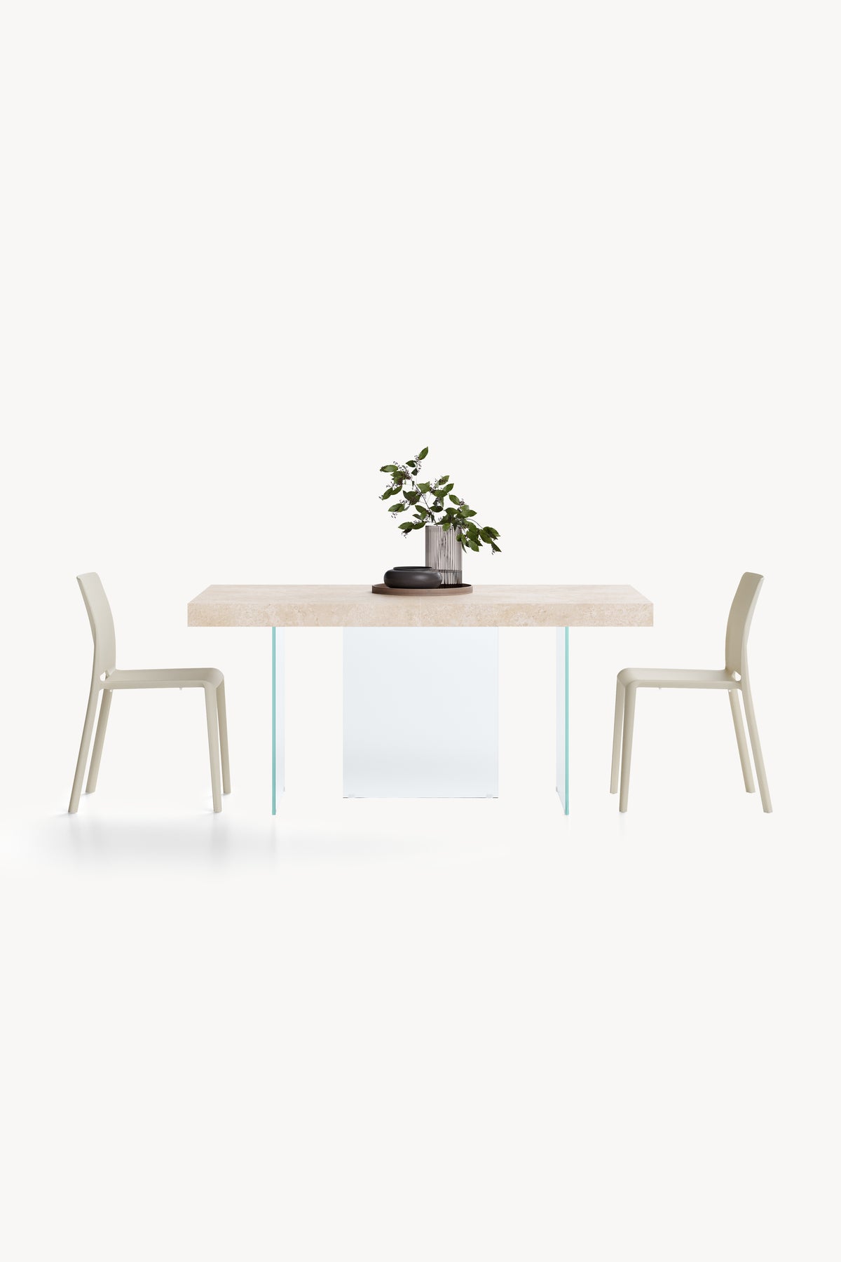 Verlengbare tafel Lia 160(240)x90 cm, Beige Marmerlook met poten van extra helder glas - Detailafbeelding 1