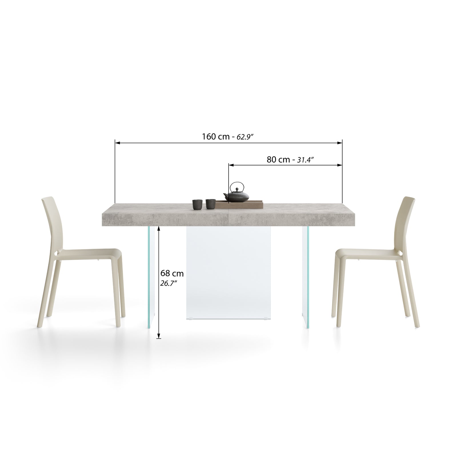 Table extensible Lia 160(240)x90 cm, Gris béton avec pieds en verre extra-clair - Immagine tecnica 1