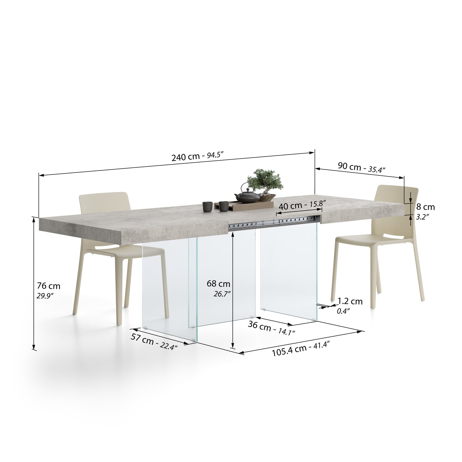Table extensible Lia 160(240)x90 cm, Gris béton avec pieds en verre extra-clair - Immagine tecnica 2