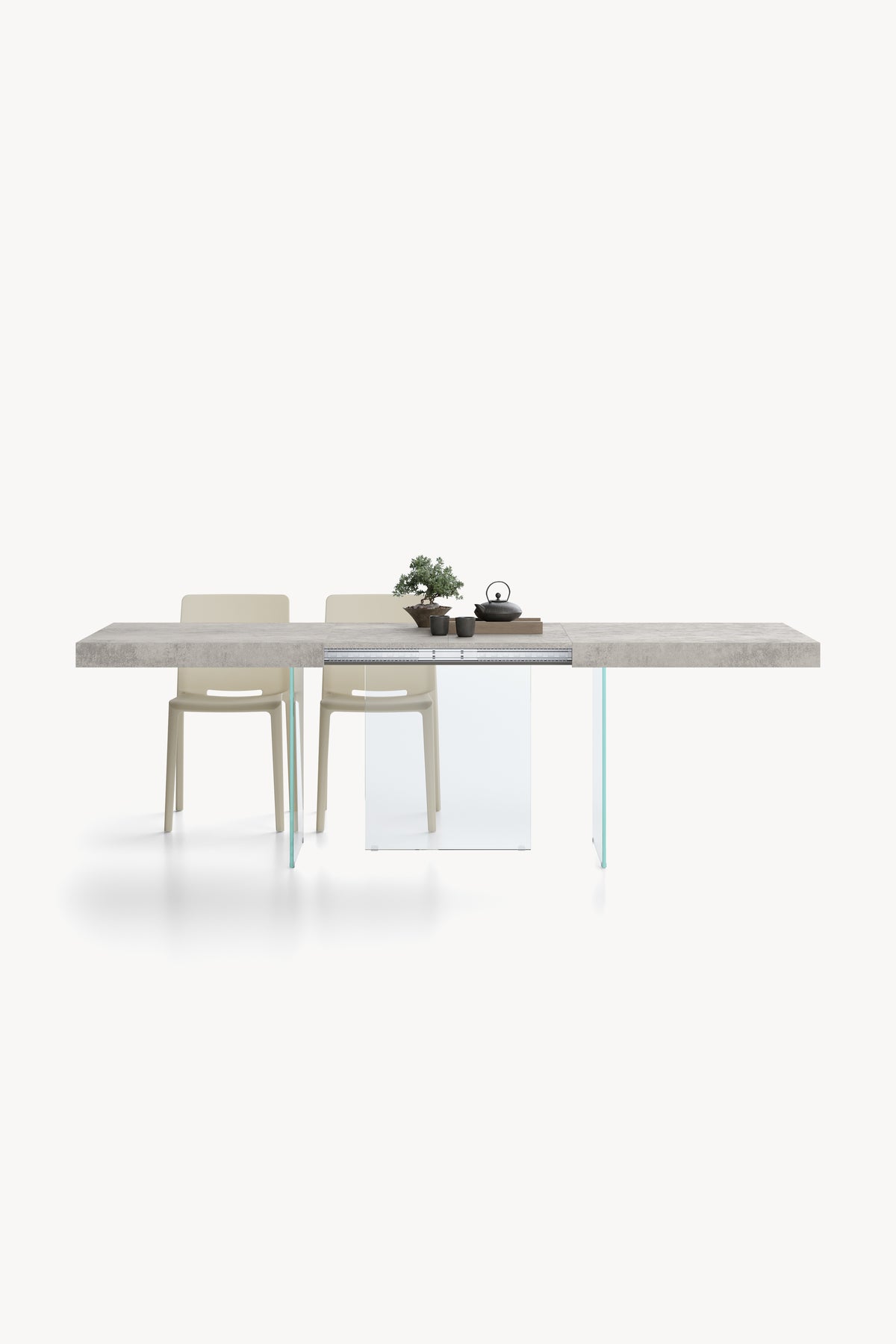 Table extensible Lia 160(240)x90 cm, Gris béton avec pieds en verre extra-clair