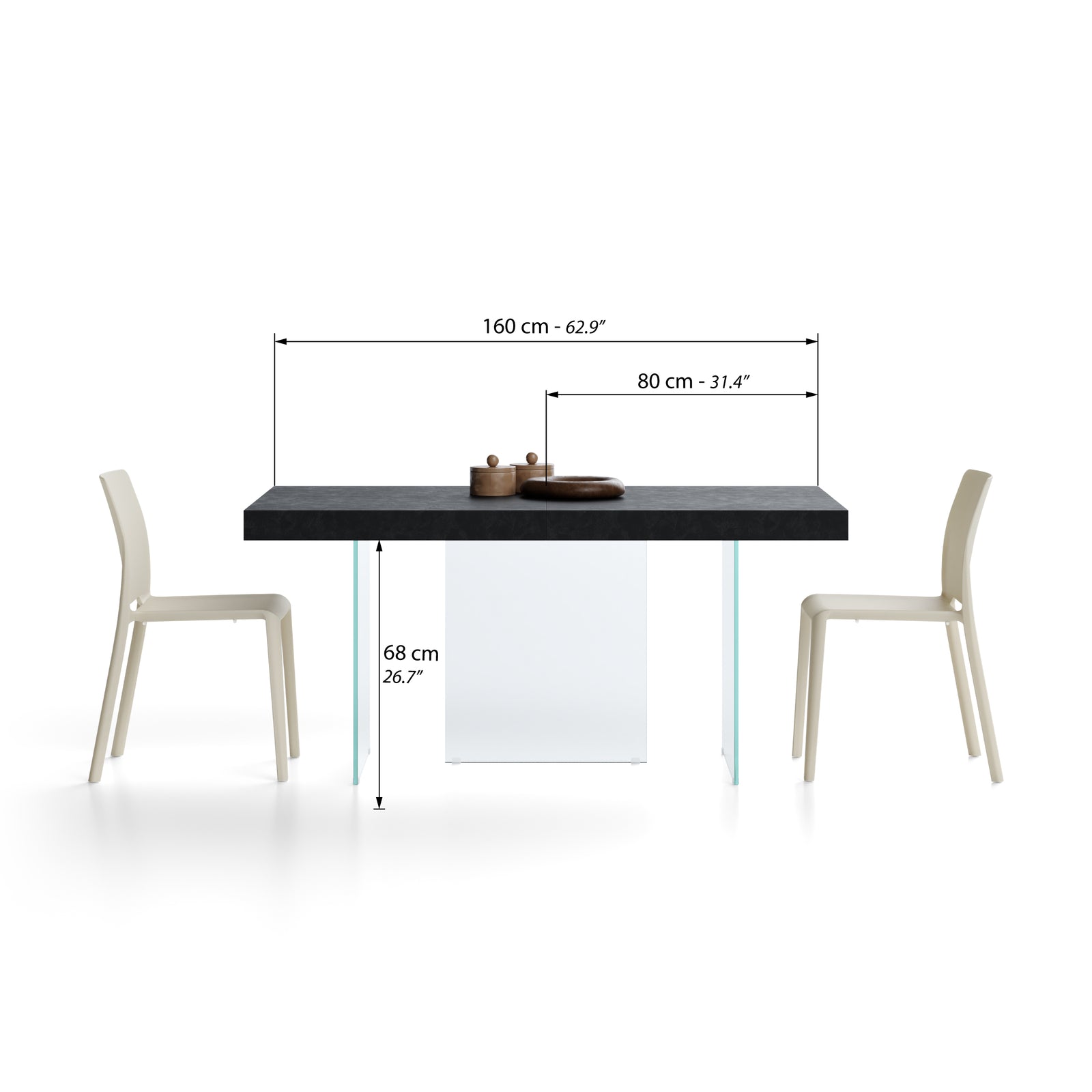 Table extensible Lia 160(240)x90 cm, Noir béton avec pieds en verre extra-clair - Immagine tecnica 1