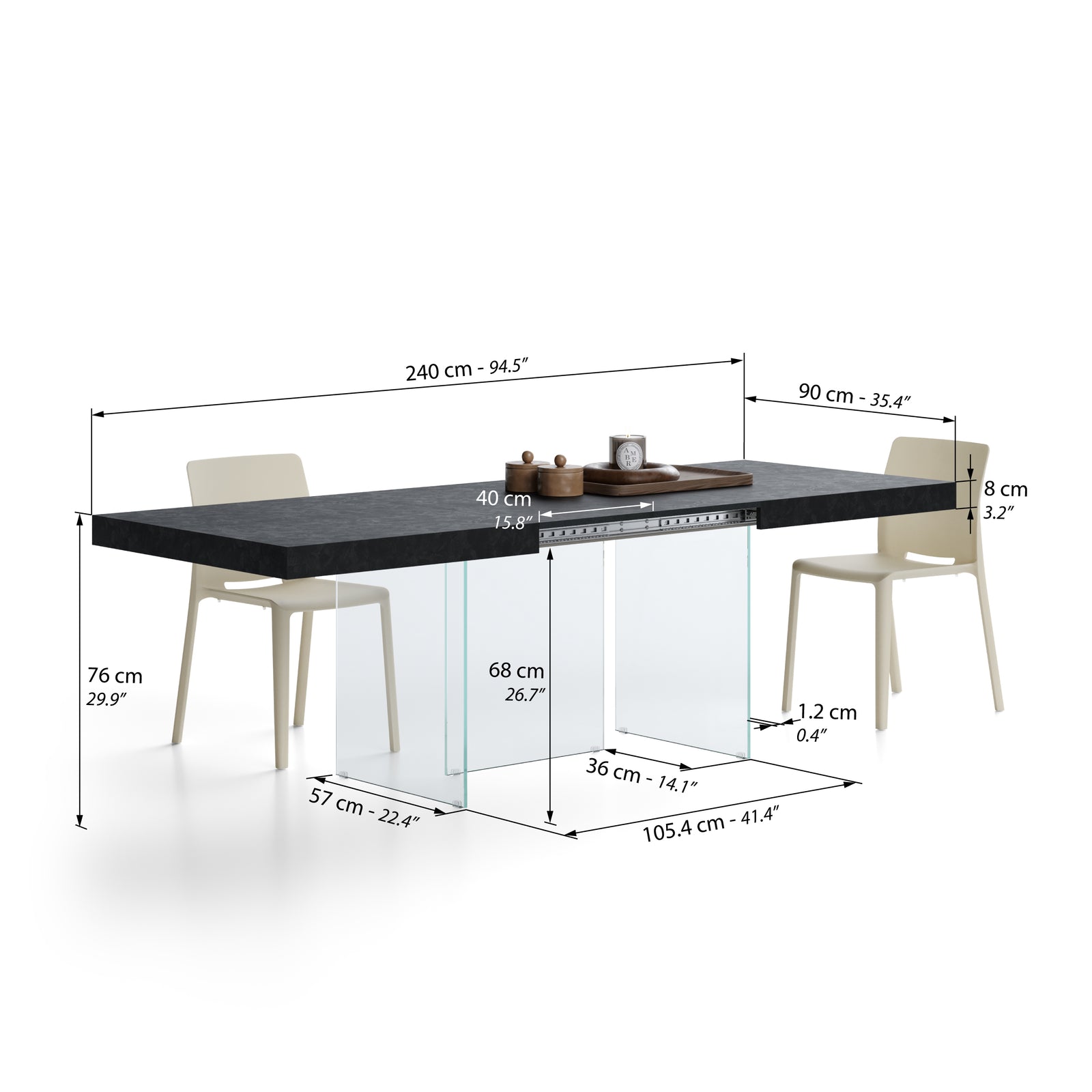 Table extensible Lia 160(240)x90 cm, Noir béton avec pieds en verre extra-clair - Immagine tecnica 2