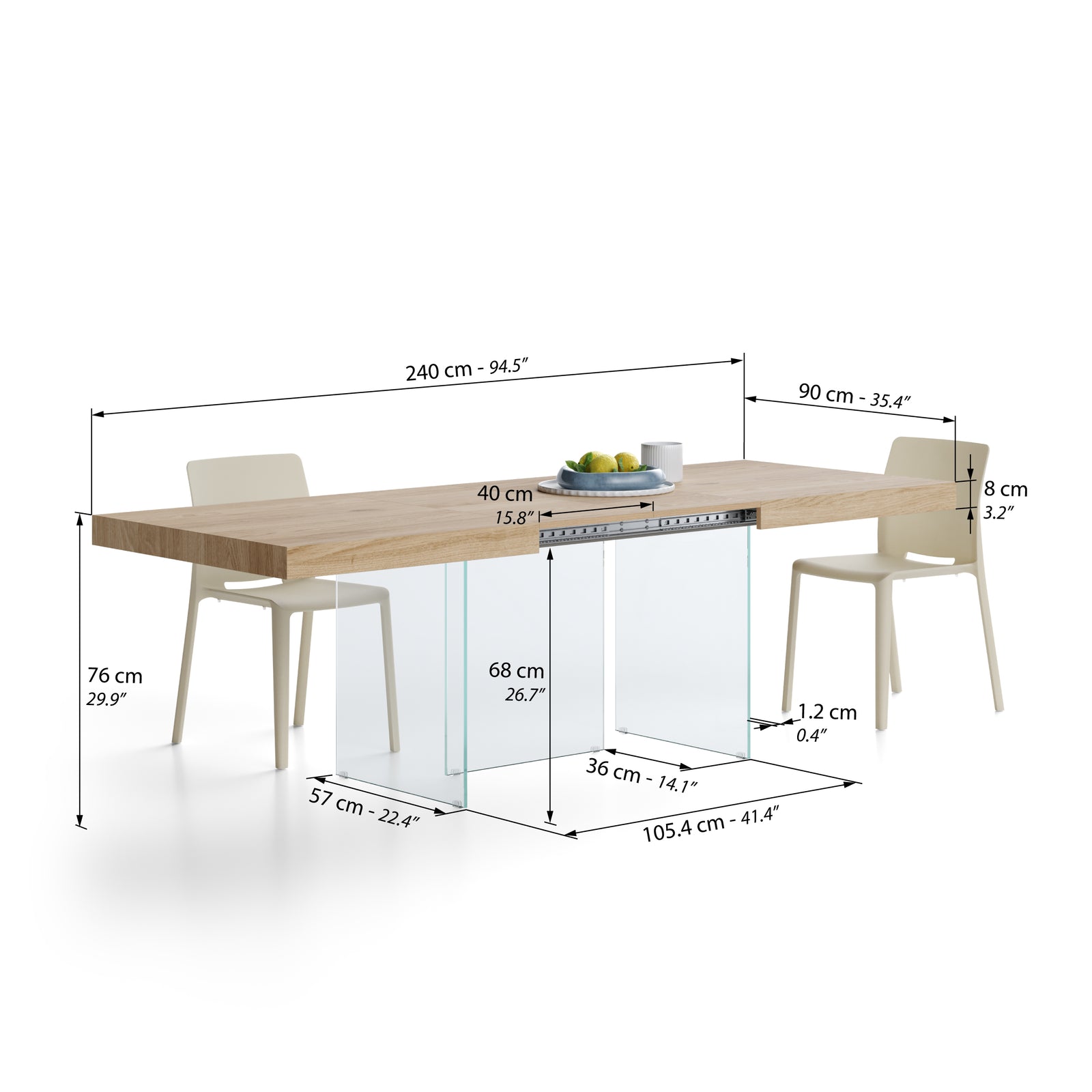 Ausziehbarer Tisch Lia 160(240)x90 cm, Wildeiche mit Beinen aus extraklarem Glas - Immagine tecnica 2