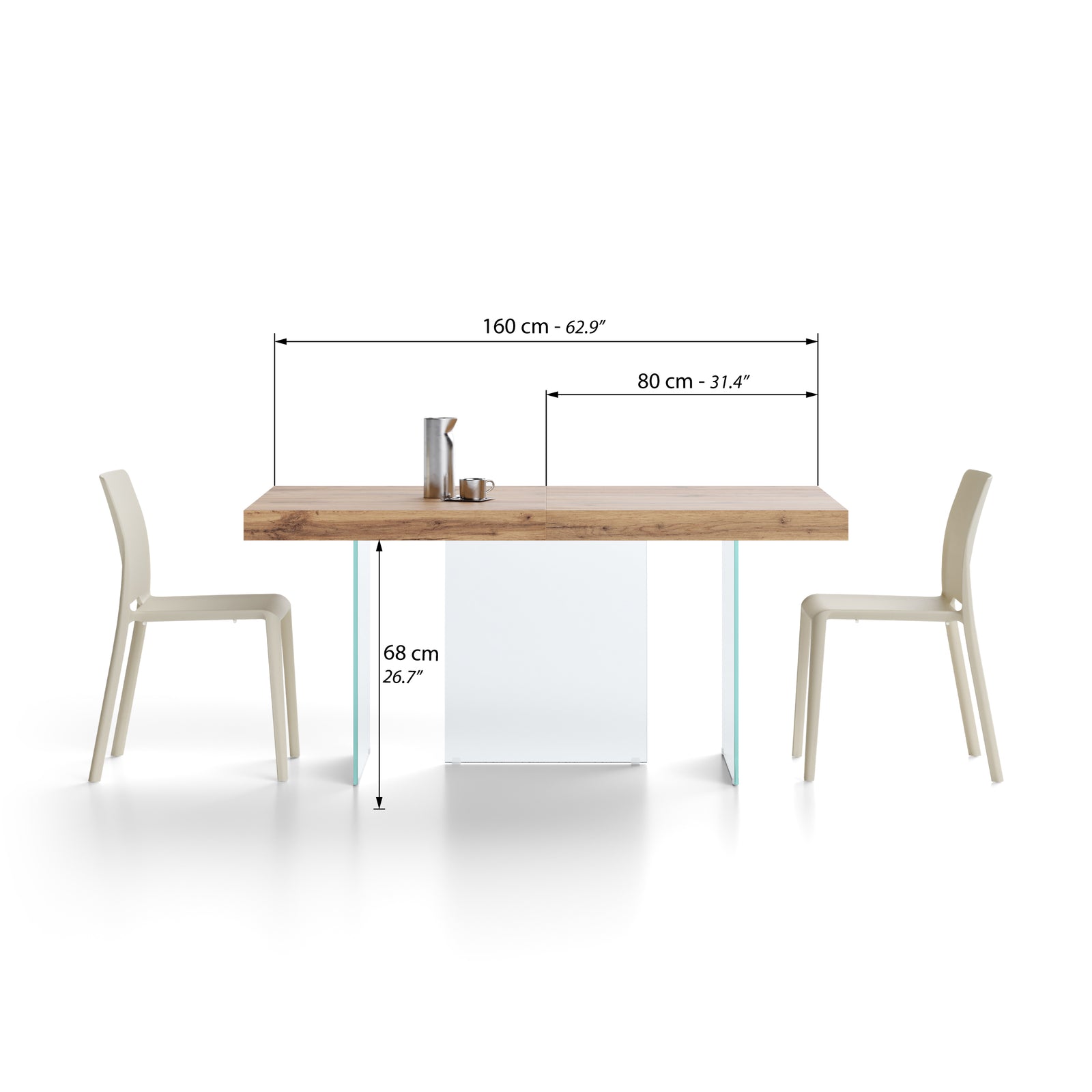 Ausziehbarer Tisch Lia 160(240)x90 cm, Rustikale Eiche mit Beinen aus extraklarem Glas - Immagine tecnica 1