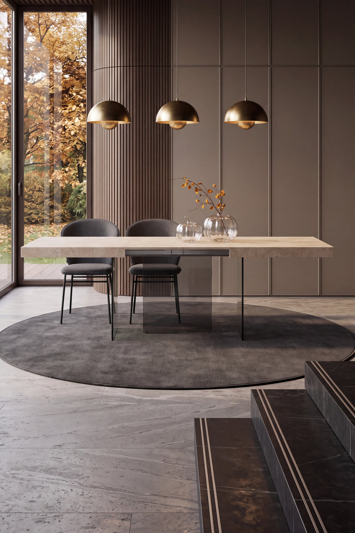 Verlengbare tafel Lia 160(240)x90 cm, Beige Marmerlook met poten van rookglas - Setafbeelding 1