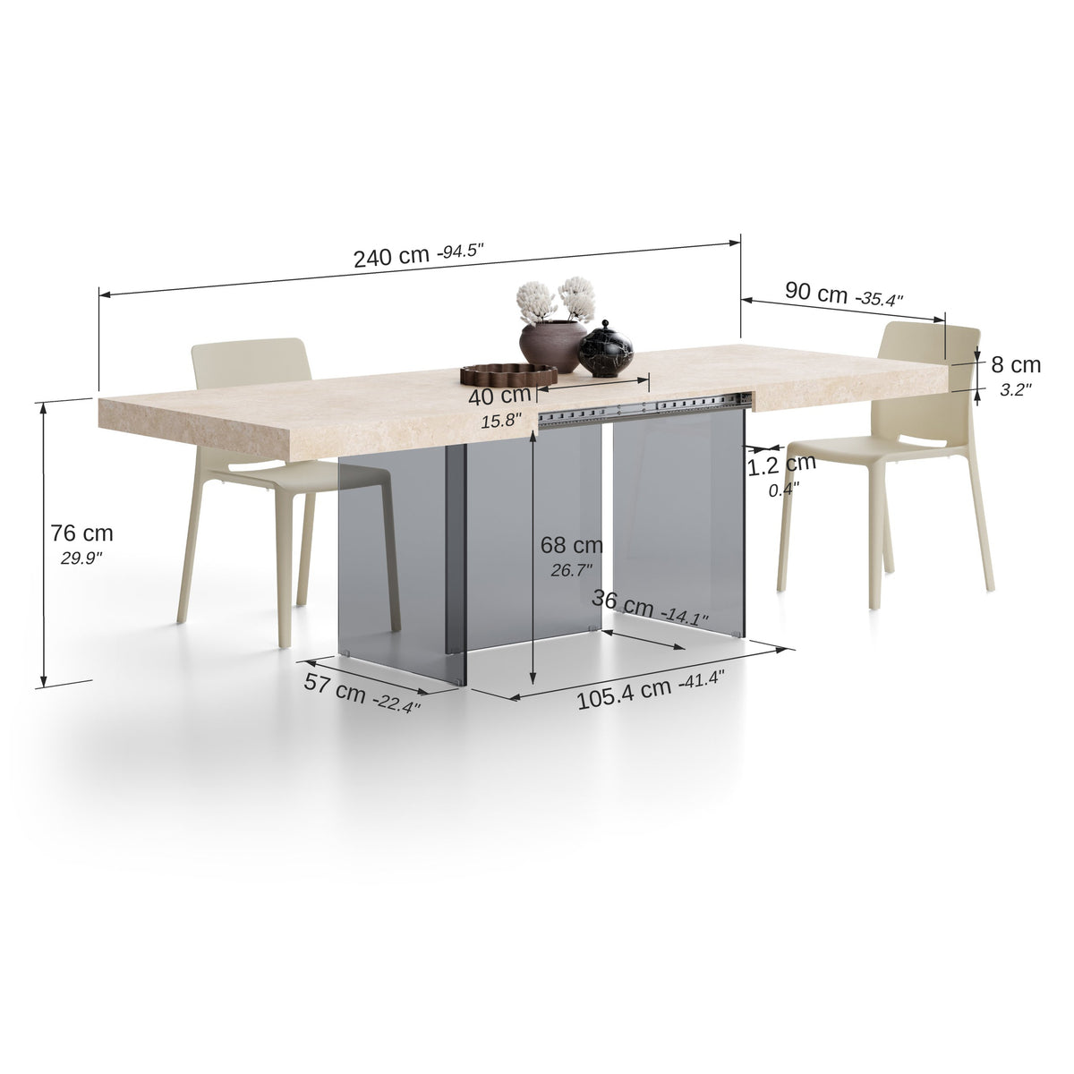 Verlengbare tafel Lia 160(240)x90 cm, Beige Marmerlook met poten van rookglas - Immagine tecnica 1