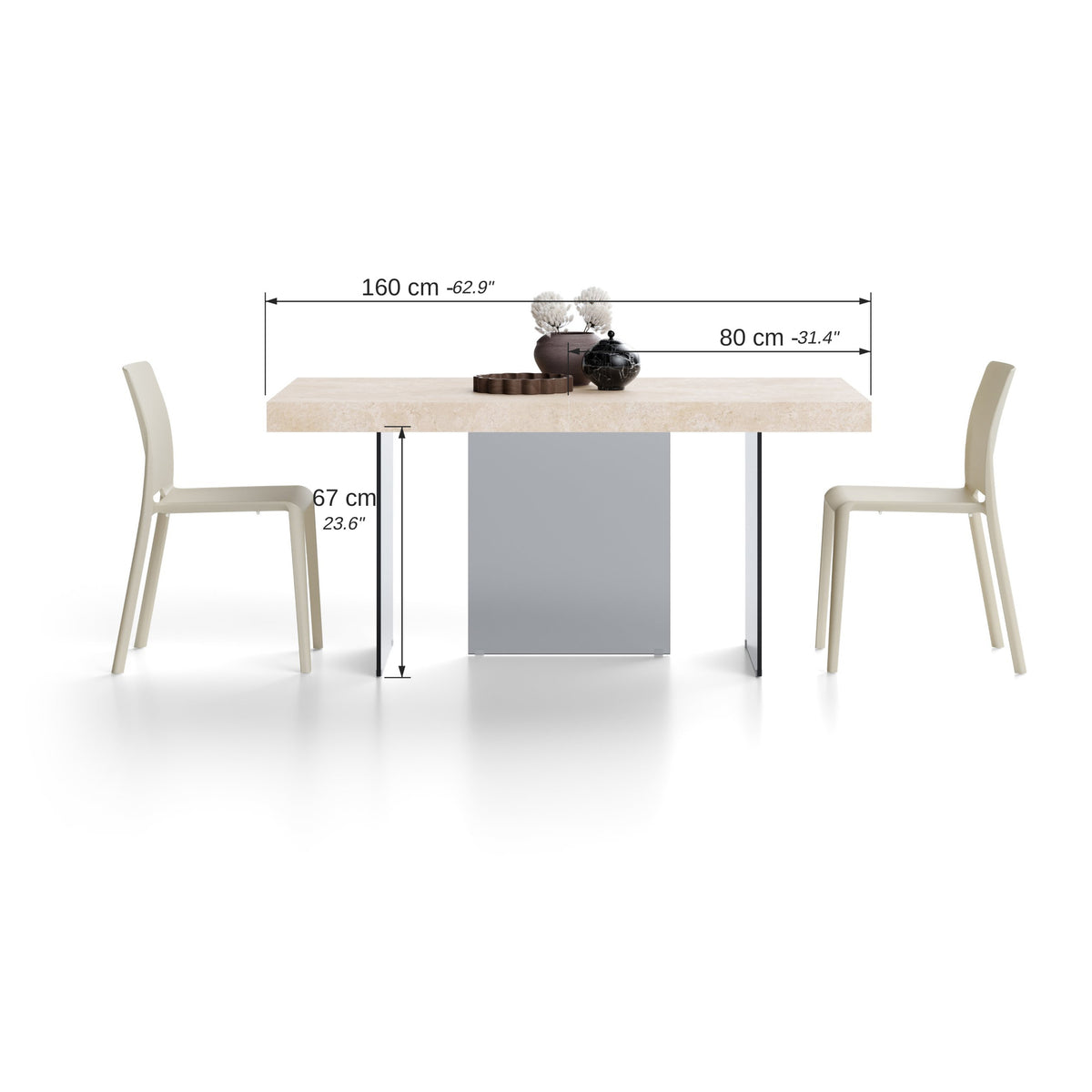 Verlengbare tafel Lia 160(240)x90 cm, Beige Marmerlook met poten van rookglas - Immagine tecnica 2