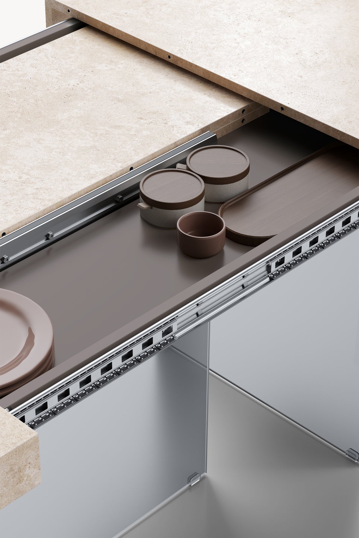 Verlengbare tafel Lia 160(240)x90 cm, Beige Marmerlook met poten van rookglas - Detailafbeelding 2