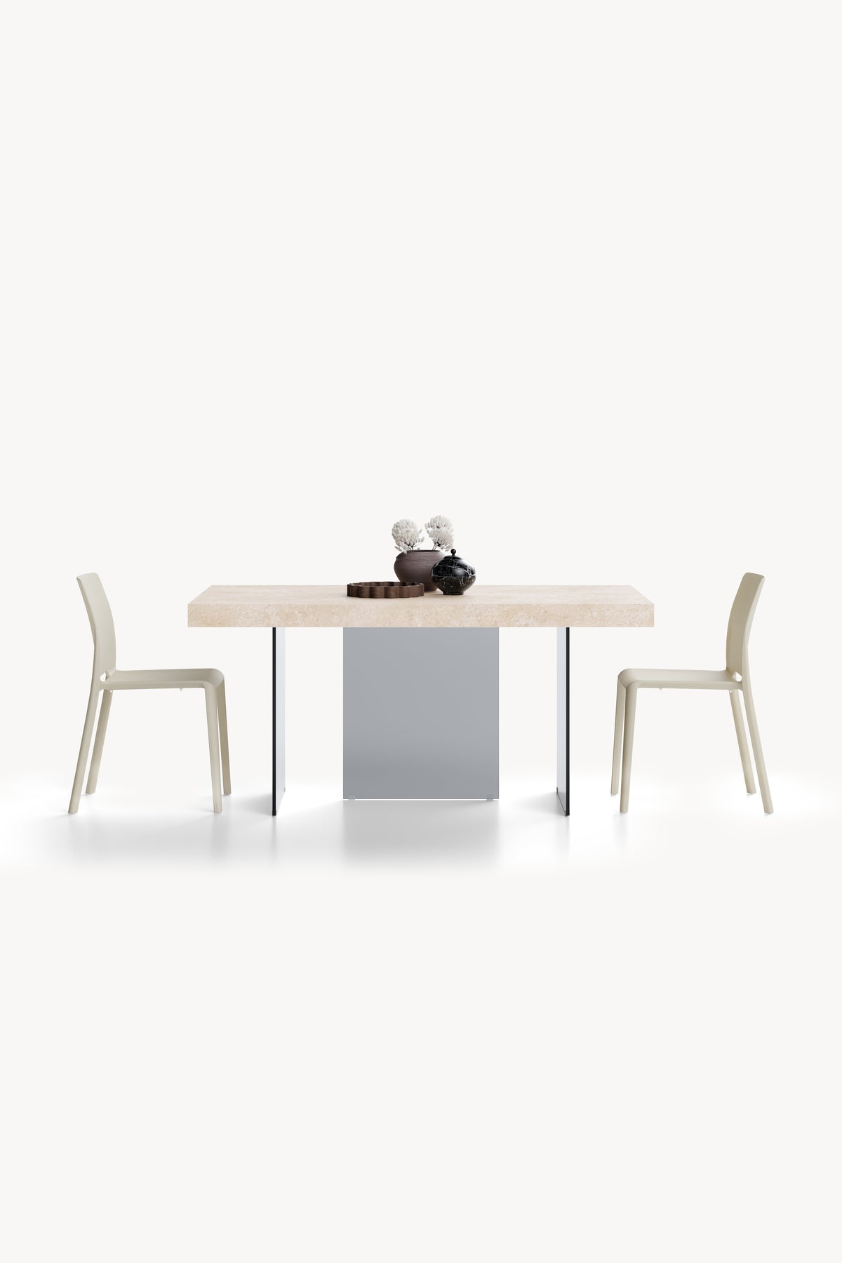 Verlengbare tafel Lia 160(240)x90 cm, Beige Marmerlook met poten van rookglas - Detailafbeelding 1