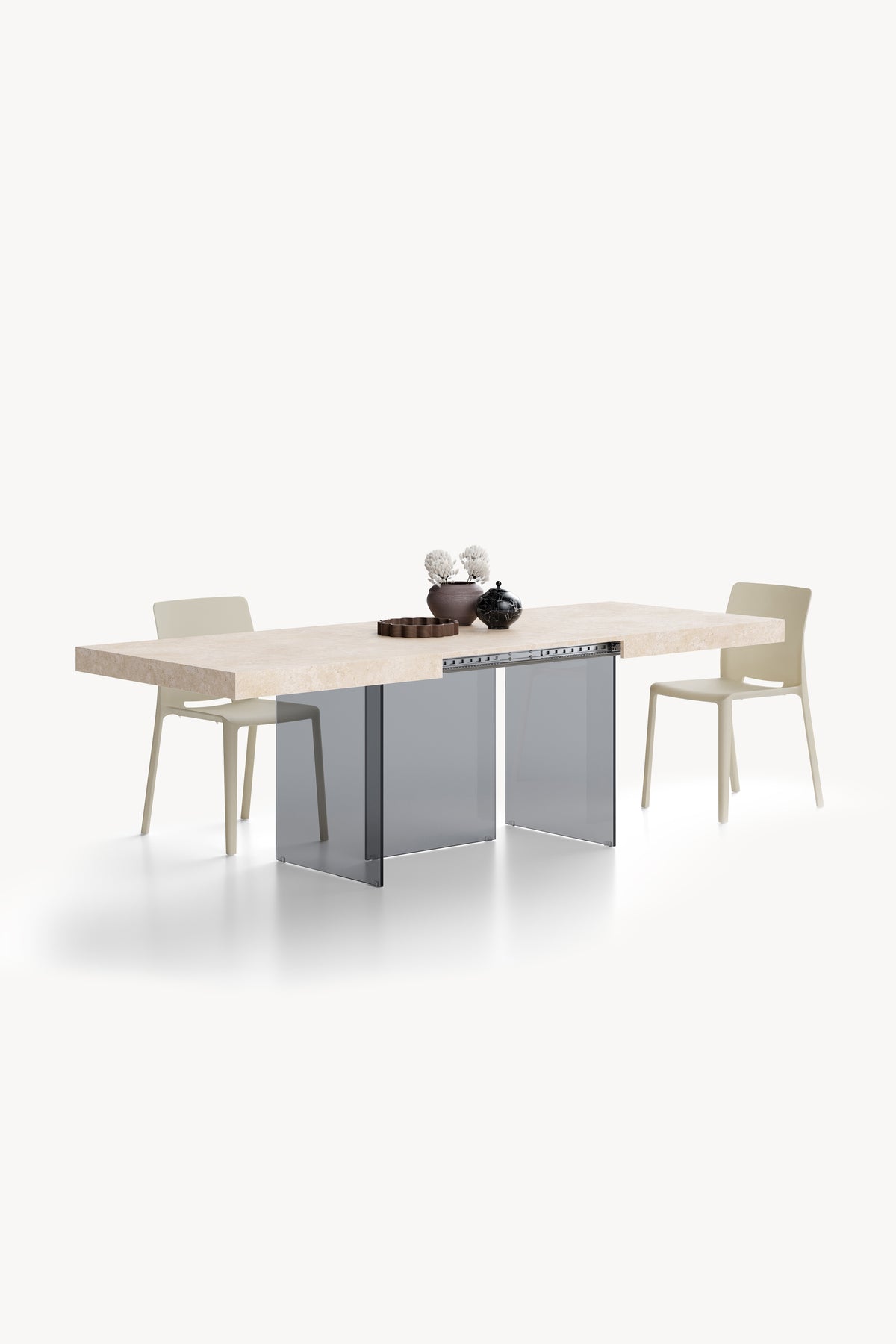Ausziehbarer Tisch Lia 160(240)x90 cm, Beige Marmoroptik mit Beinen aus Rauchglas - Detailbild 3