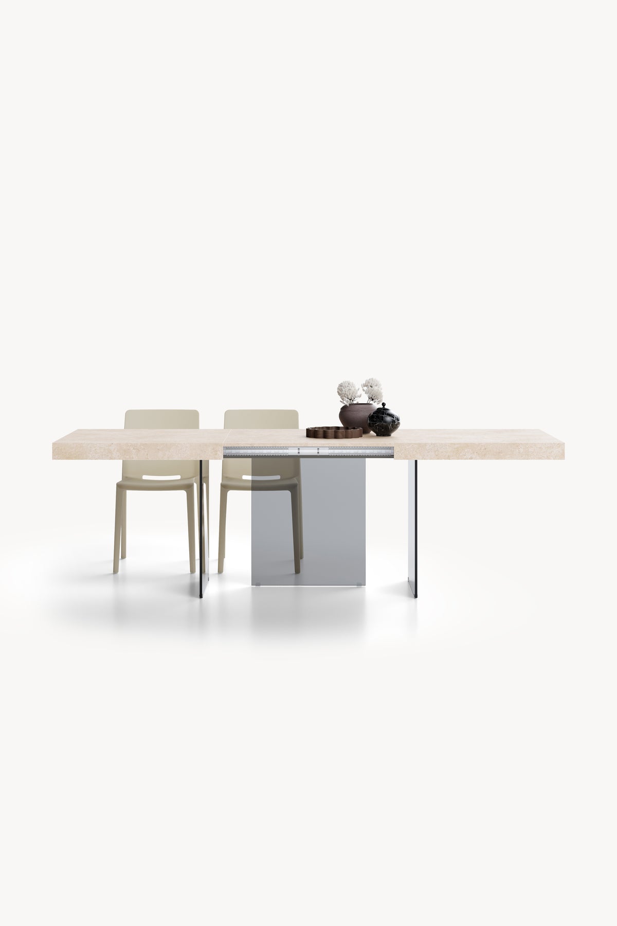 Ausziehbarer Tisch Lia 160(240)x90 cm, Beige Marmoroptik mit Beinen aus Rauchglas - Hauptbild