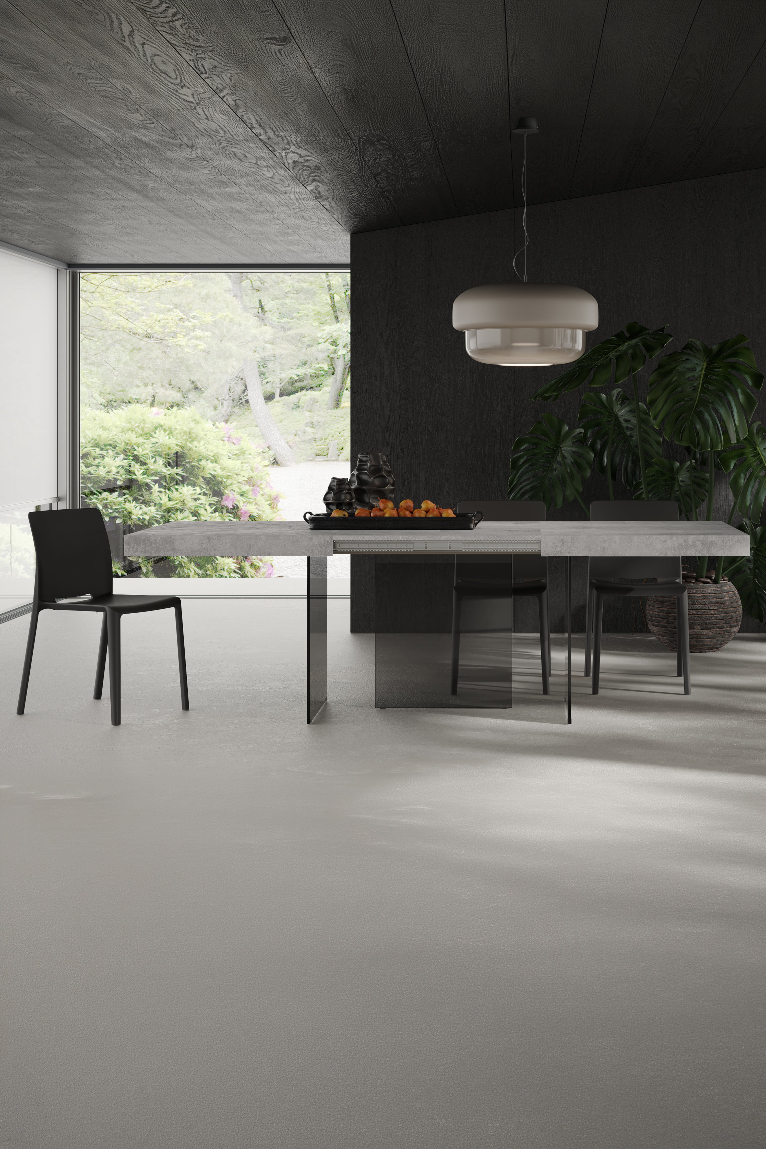 Tavolo allungabile Lia 160(240)x90 cm, Grigio cemento con gambe in vetro fumè - Immagine ambientata 1