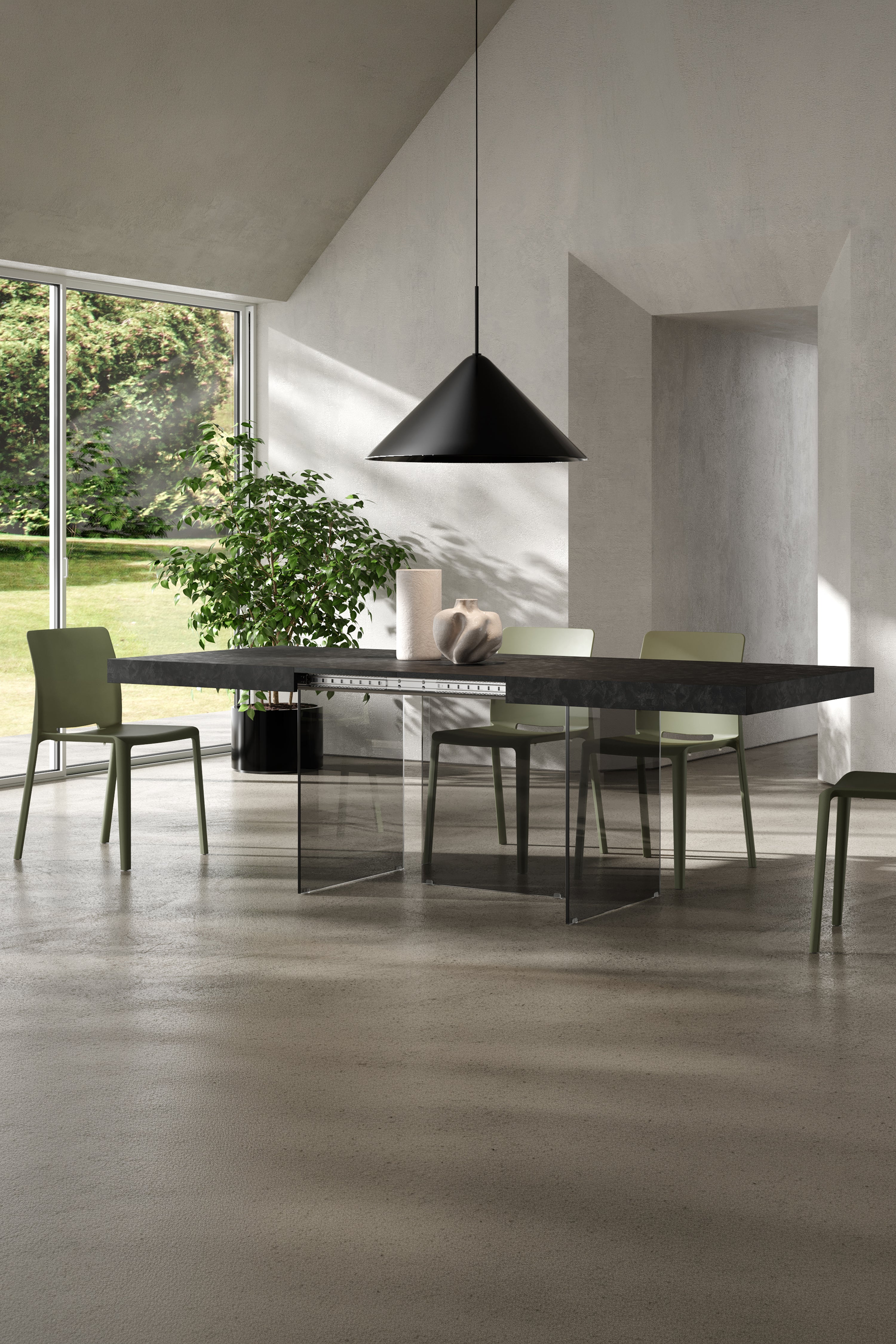 Tavolo allungabile Lia 160(240)x90 cm, Nero cemento con gambe in vetro fumè - Immagine ambientata 1