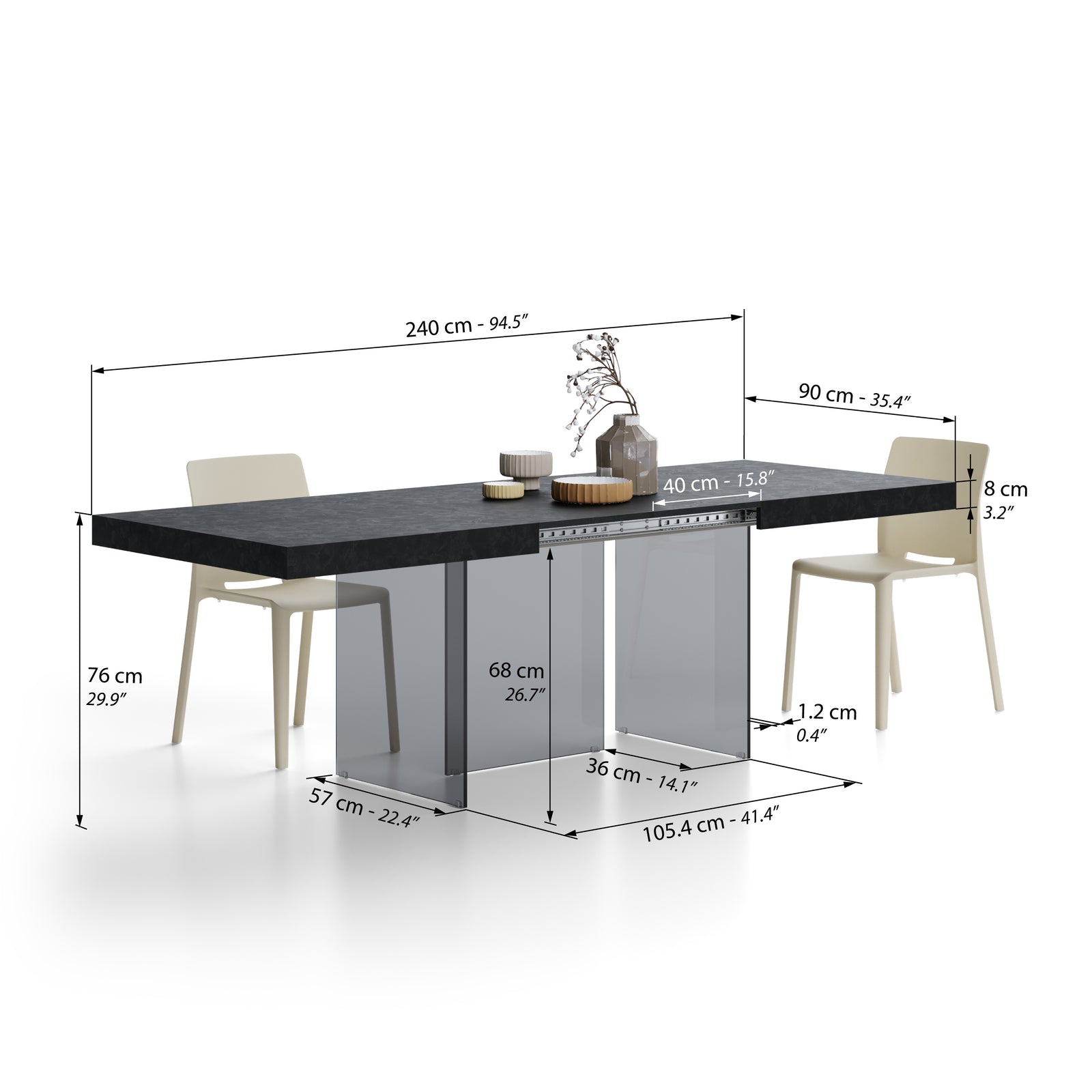 Lia extendable table 160(240)x90 cm, Concrete black effect with smoked glass legs - Immagine tecnica 2