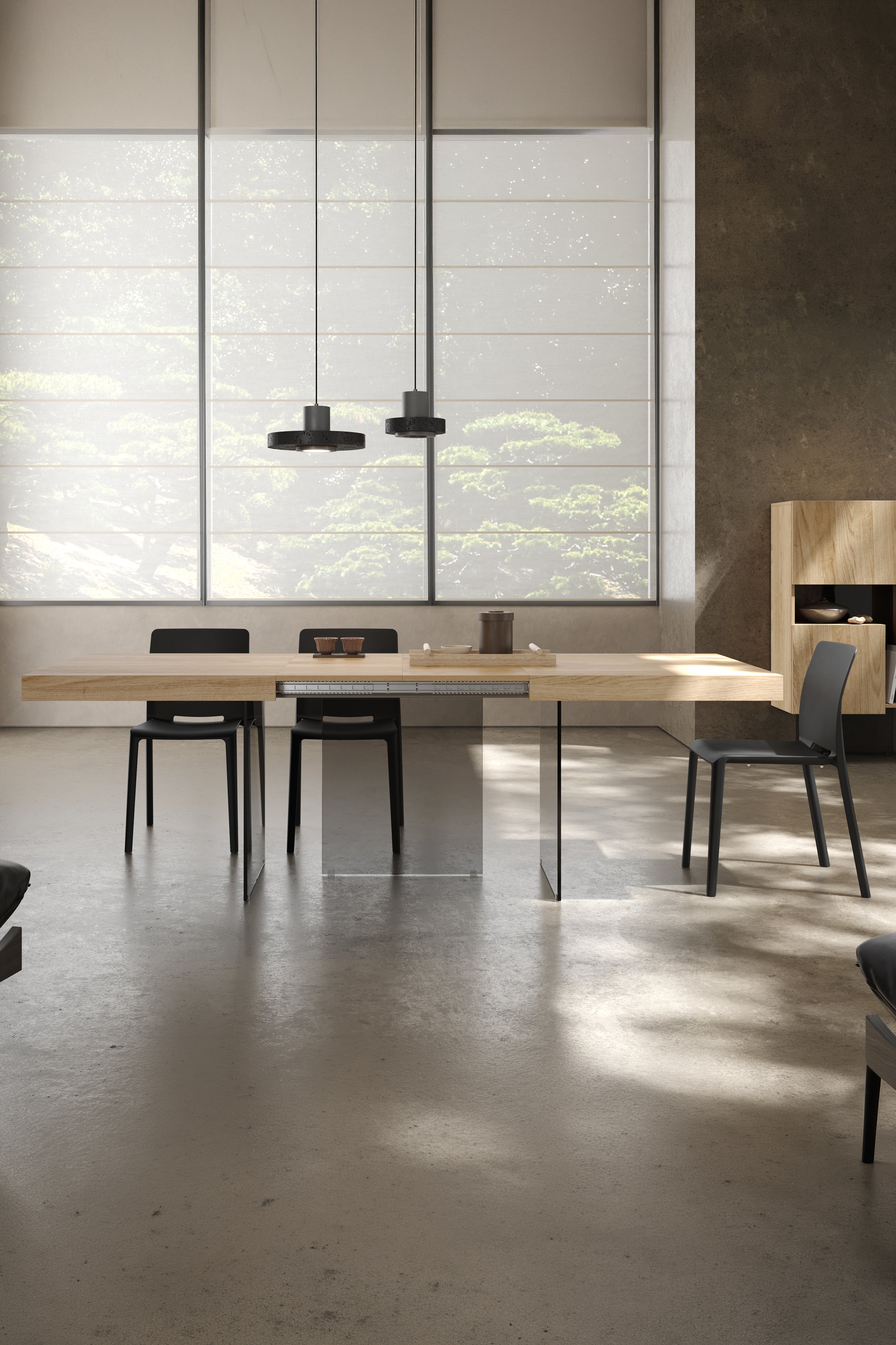 Tavolo allungabile Lia 160(240)x90 cm, Rovere naturale con gambe in vetro fumè - Immagine ambientata 1